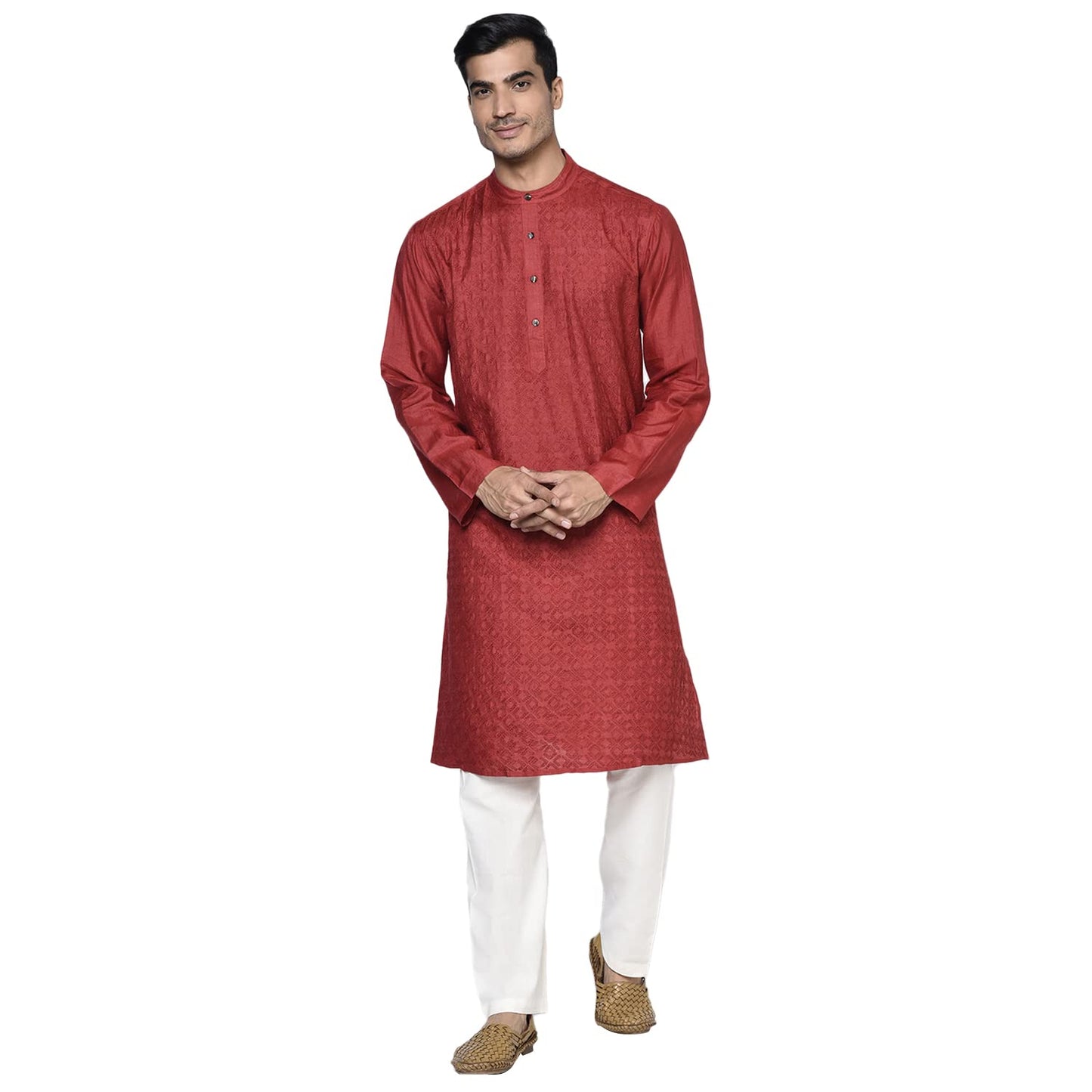 Fabindia MenS Silk Embroidered Comfort Kurta_Red_S