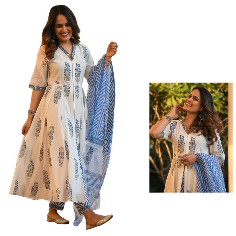 Pinkmint Women Cotton Blend Kurta Set l White Anarkali Kurtis l Stylish Womens Dress l Fancy Kurta Set (Pack of 1)