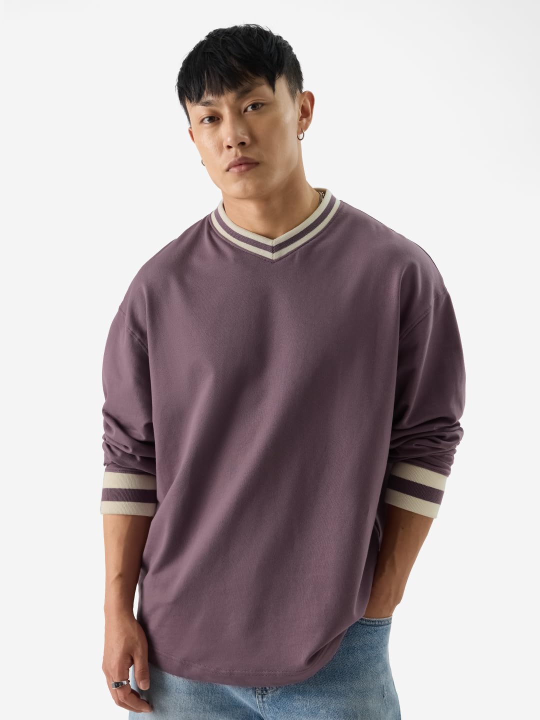 The Souled Store Solids: Mauve Men and Boys 100% Cotton V-Neck Oversized Fit Full Sleeve T-Shirts Oversized Mens T-Shirts Solid