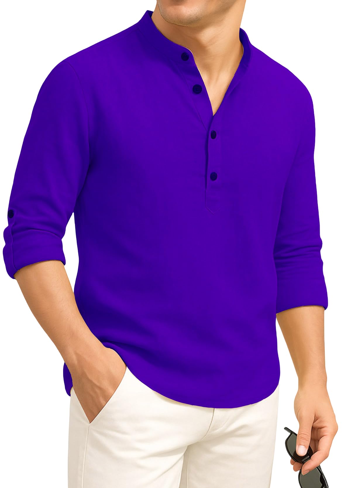 Deelmo MenS Cotton Blend Solid Regular Fit Full Sleeve Short Kurta | MenS Trendy Short Kurta Royal Blue