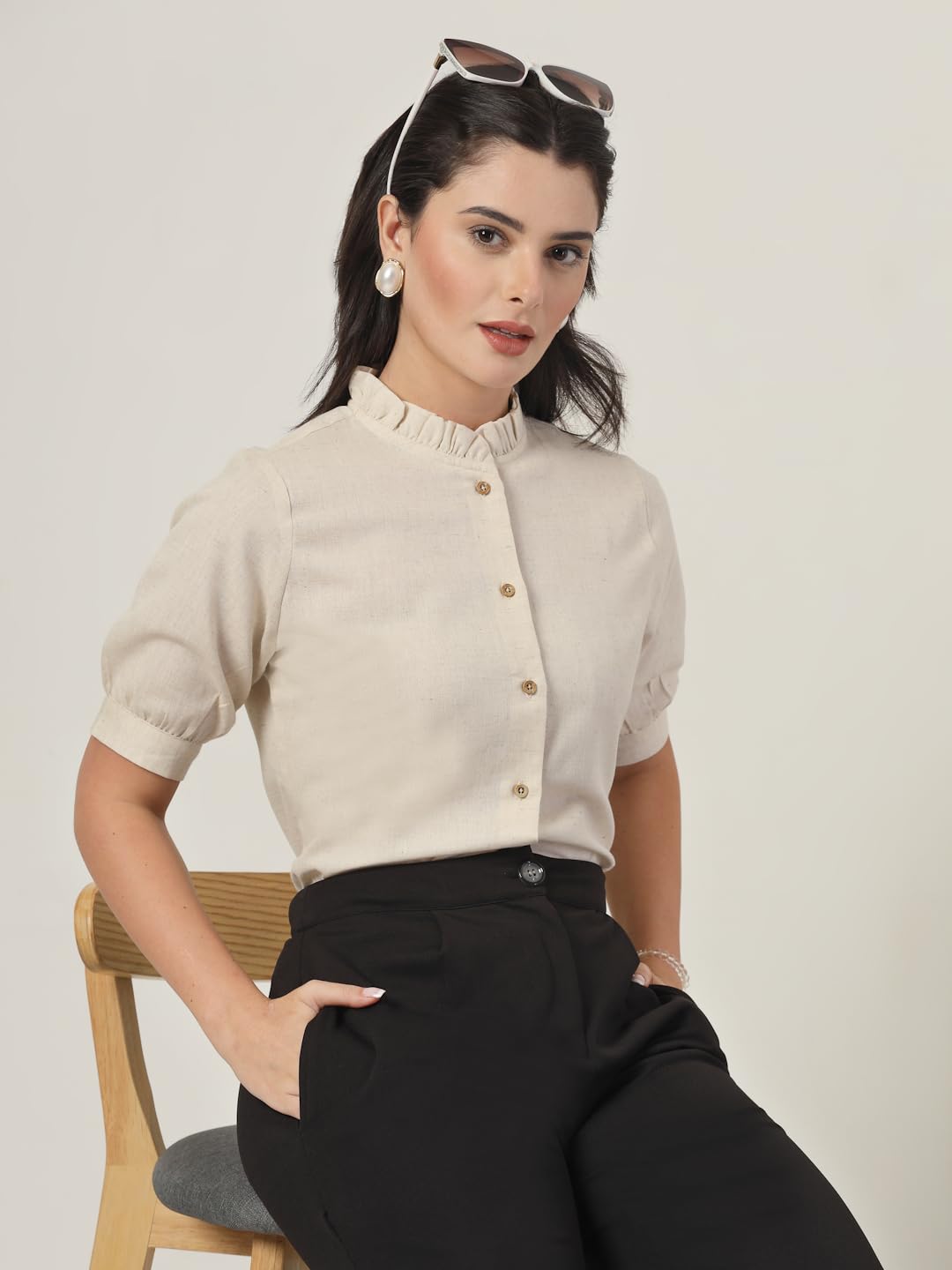 Style Quotient Women Solid Beige Regular Fit Flex Formal Shirt