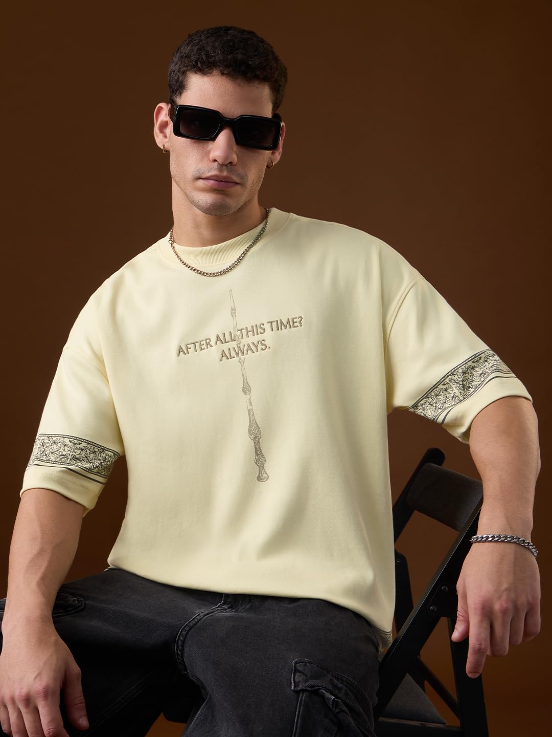The Souled Store Harry Potter: The Silent Vow Men and Boys Short Sleeves Round Neck Off White Embroidered Cotton Casualwear Stre