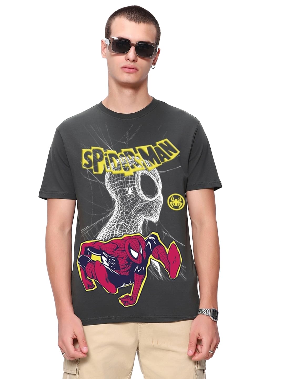 Bewakoof Official Marvel Merchandise Mens Graphic Printed Regular Fit T-Shirt_624557_Grey_L