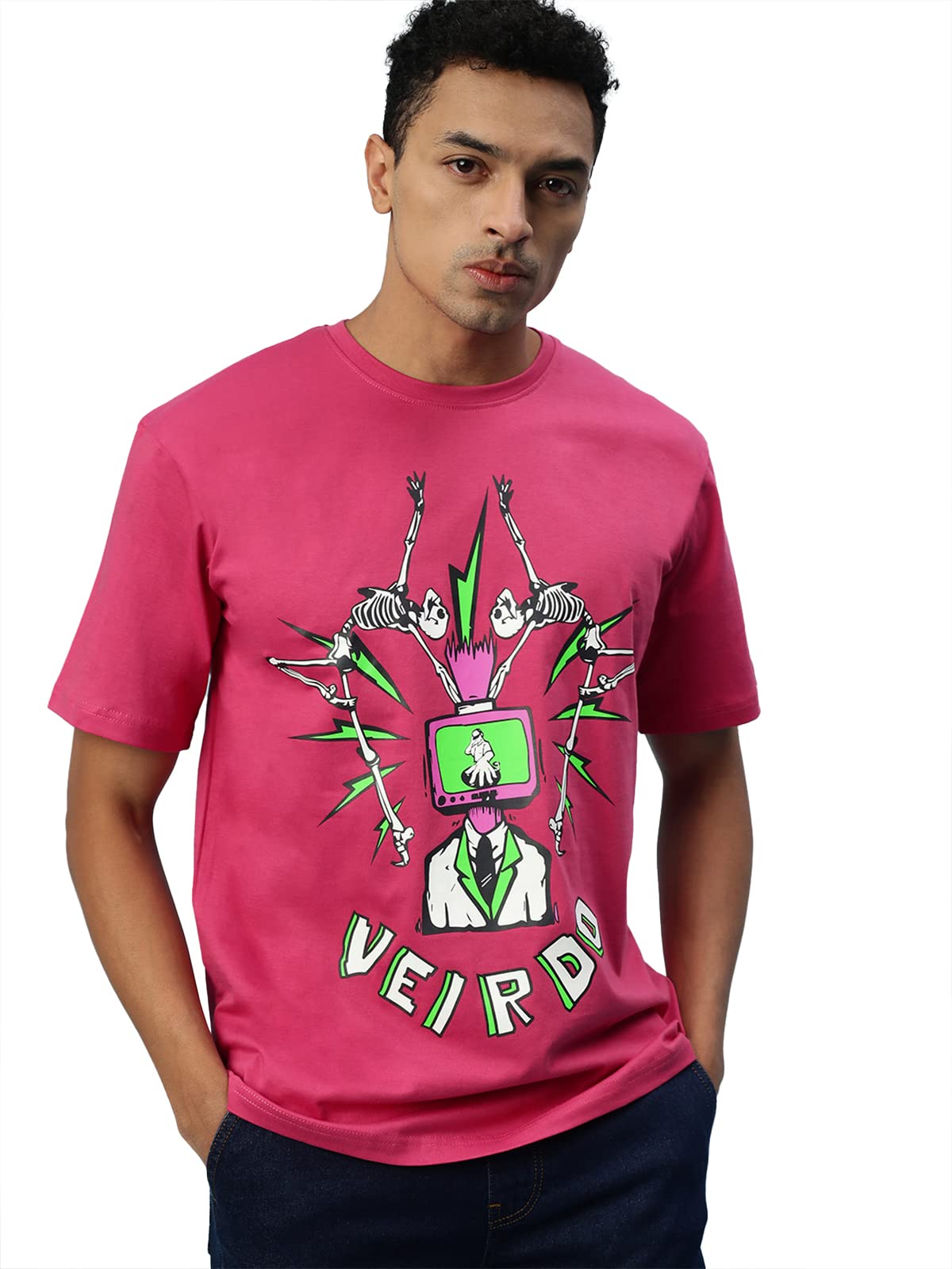 Veirdo Mens Oversized Loose Baggy Fit Drop Shoulder Round Neck Short Sleeve Skull Graphic Printed Cotton T-Shirt