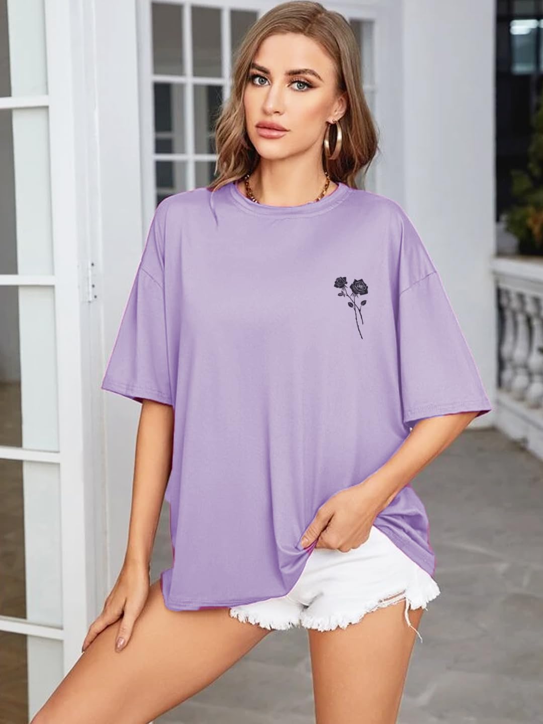RIGO Womens Printed Oversized Fit T-Shirt (WCT02231558_Light Purple2