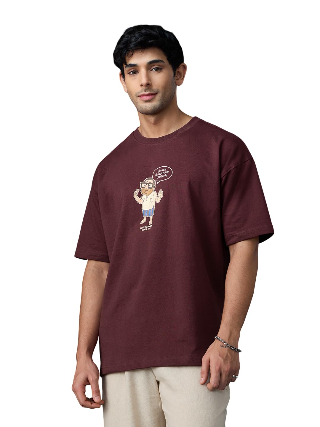 The Souled Store Phir Hera Pheri: Baburao Men and Boys Short Sleeves Round Neck Red Graphic Printed Cotton Oversized Relaxed Fit