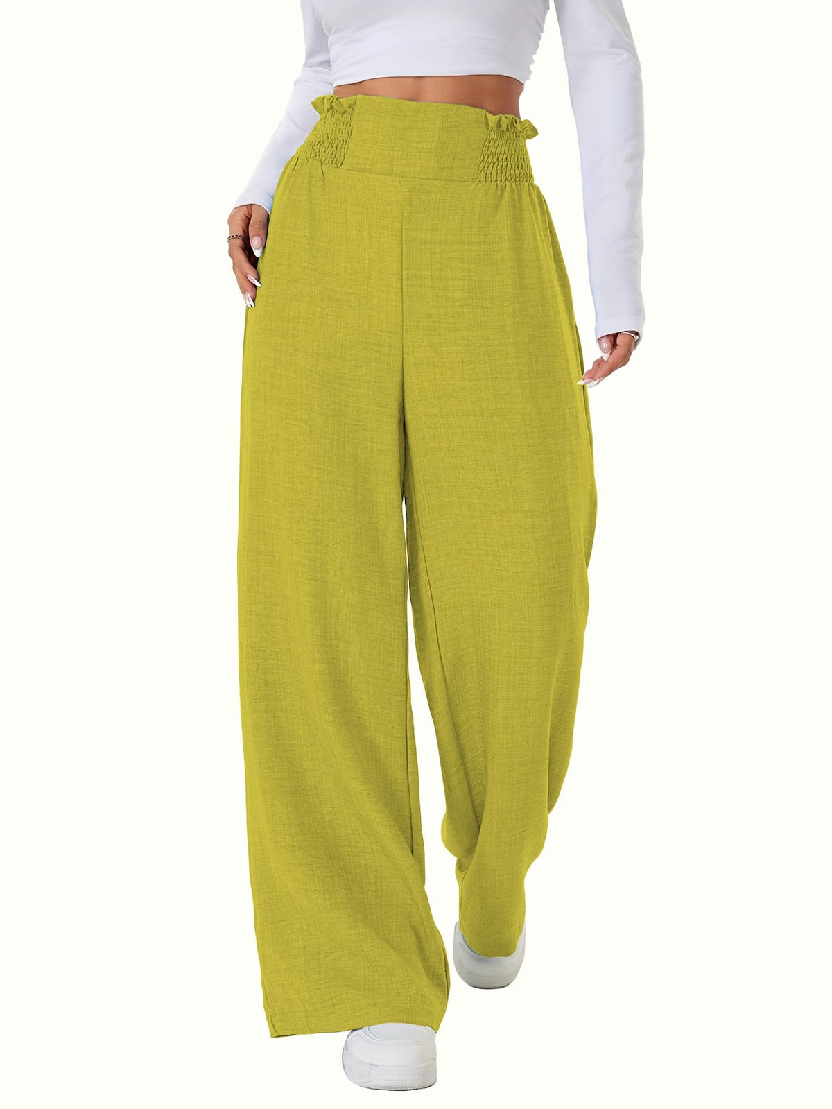 Sugathari Womens Lemon Yellow Casual Wide Leg Pants High Waist Elastic Waistband Loose Fit Long Trousers | Lightweight Straigh