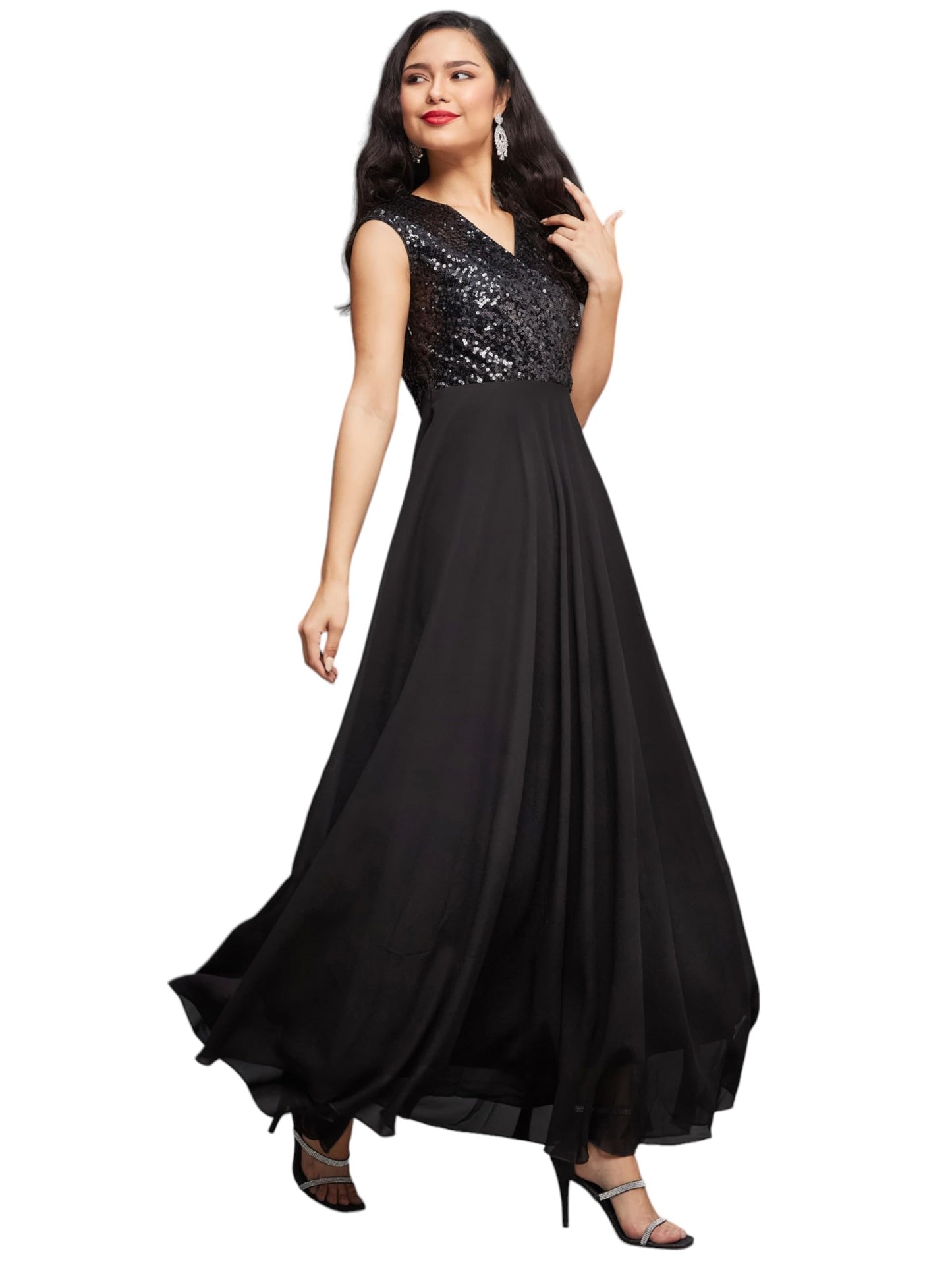 Miss Chase WomenS V-Neck Cap Sleeved Solid Wrap Maxi Dress (Mcaw22D99-88-62-06, Black, Xl)