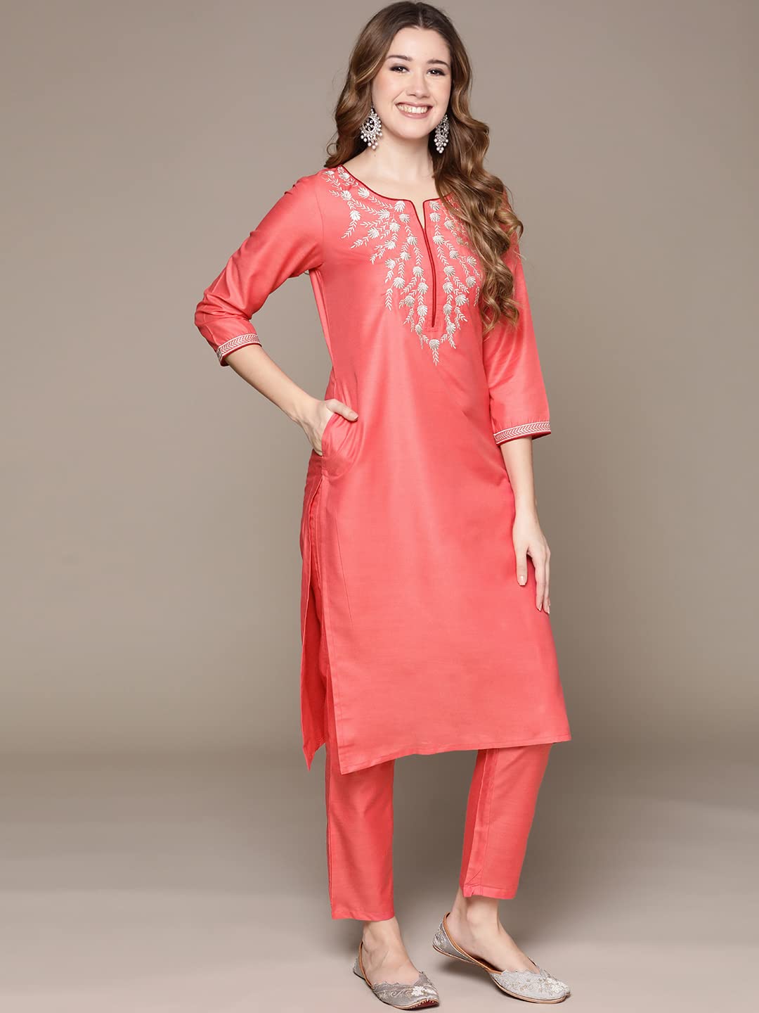 anubhutee Women's Pink Zari Embroidered Straight Kurta With Pants and Dupatta
