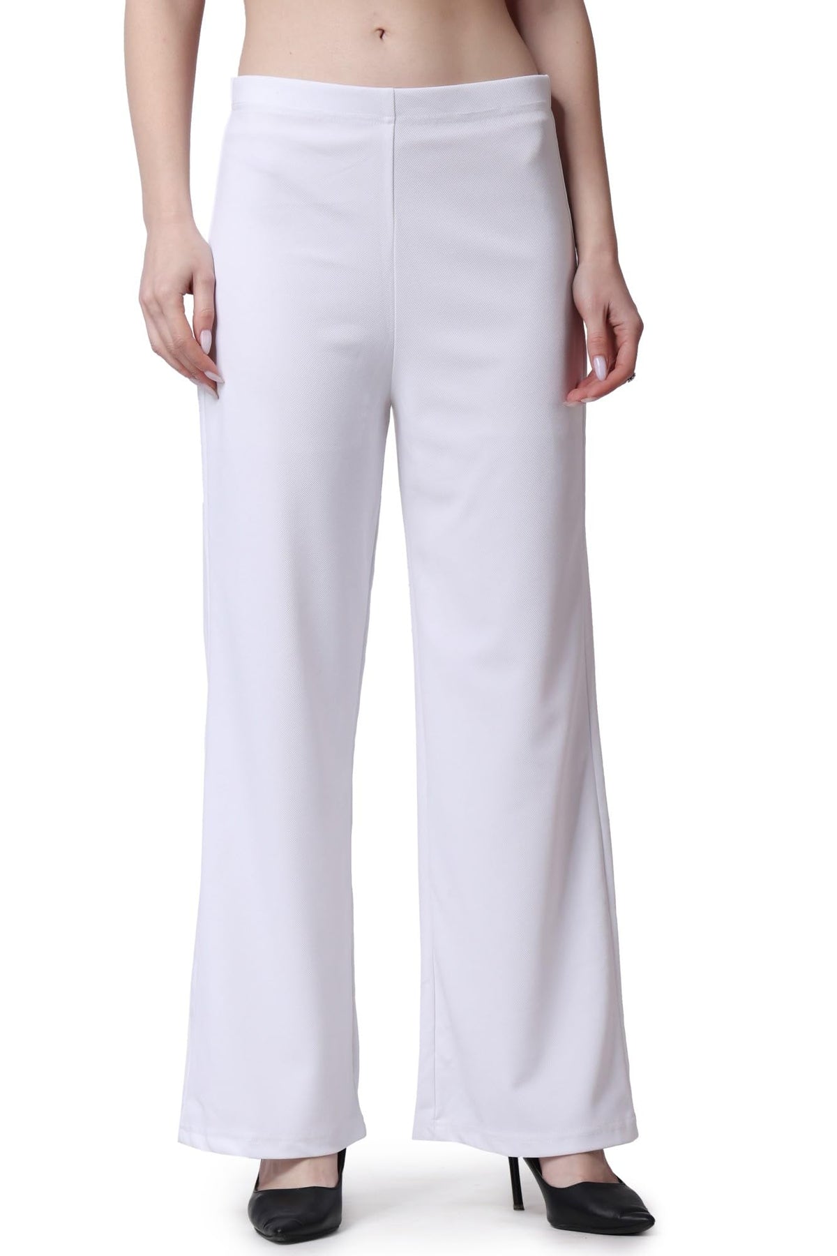 POPWINGS Formal Casual Solid High Waist Plain Trousers for Women - Pull On Work Pants for Summer - White