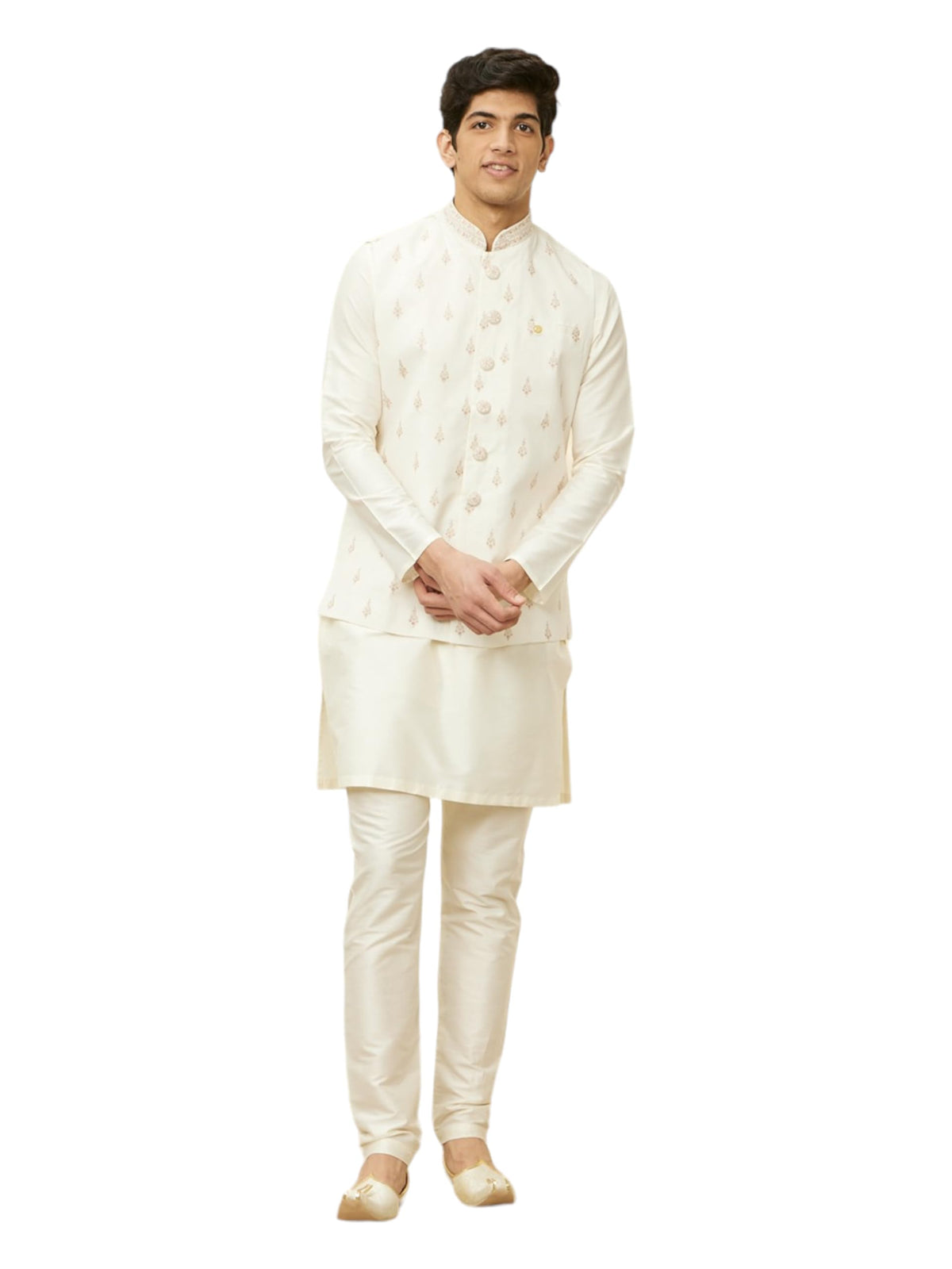 Manyavar Mens Warm White Blended Viscose Self Design Jackets