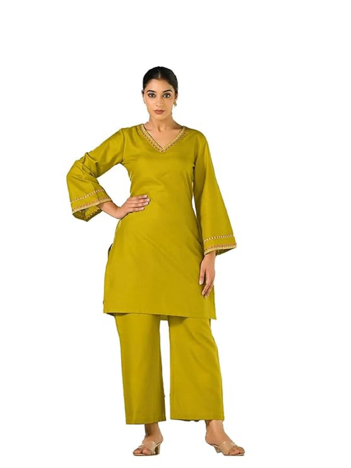 Varanga Women Green Embroidered V-Neck With Flared Sleeves Co-Ord Set Stylish & Comfortable Ethnic Wear