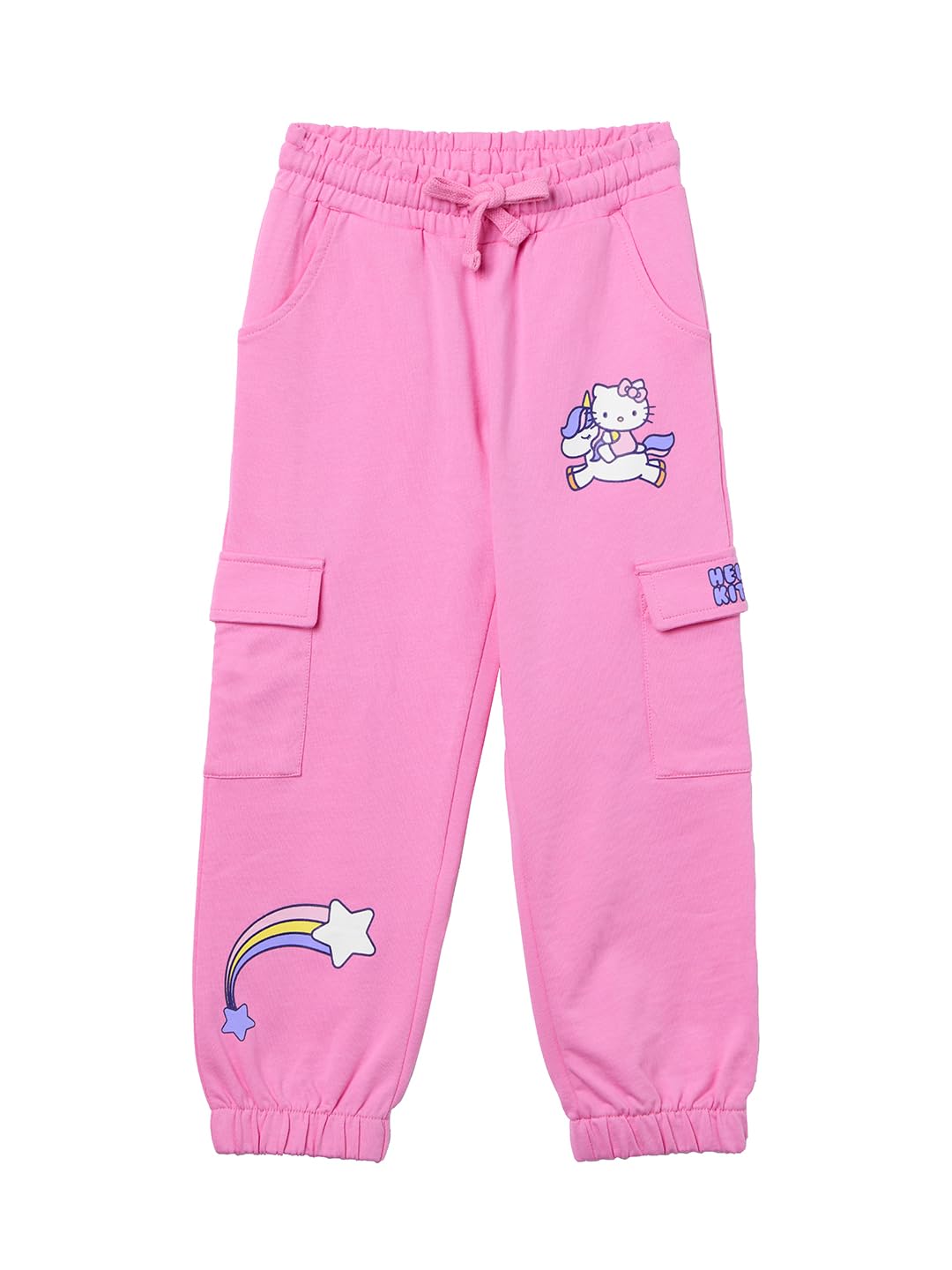 The Souled Store Hello Kitty: Unicorn Girls Drawstring Pink Printed Cotton Joggers (2-8 Yrs)