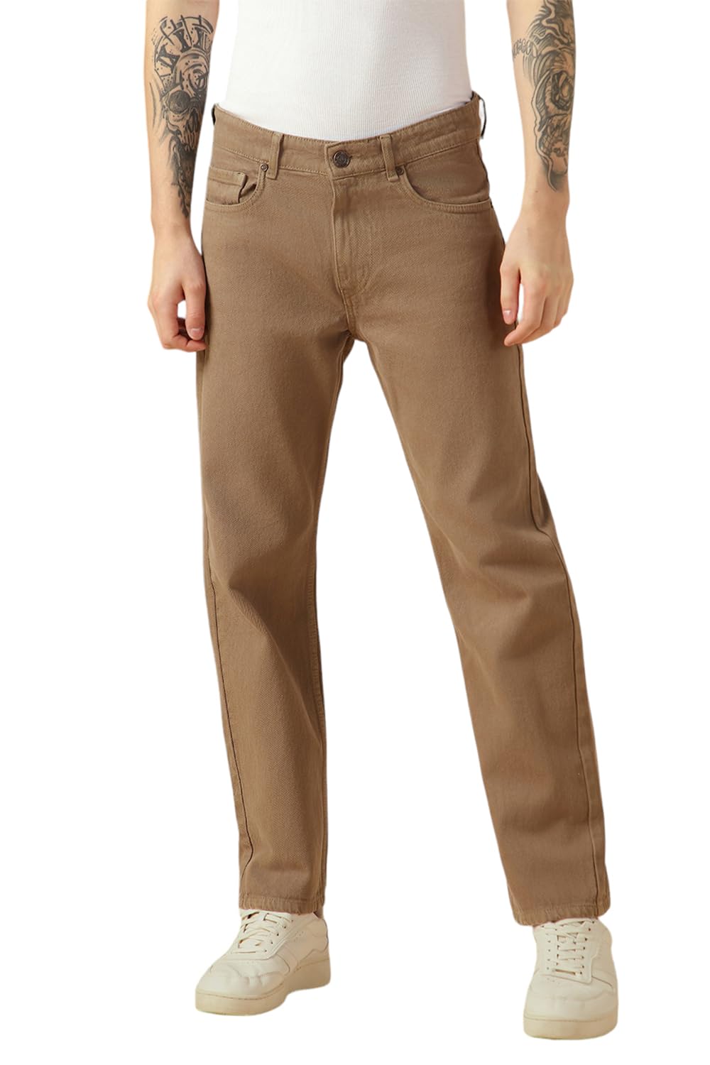 Dennis Lingo Mens Beige Cotton Relaxed Fit Mid-Rise Casual Jeans.