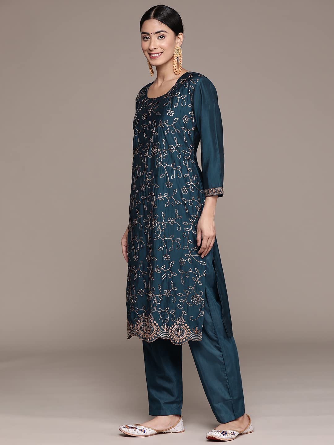 ishin Women's Mint Embellished with Sequins Silk Straight Kurta Suit Set with Trousers