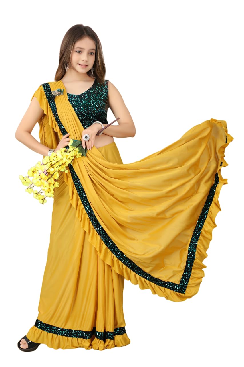 Dhyey Fashion Baby Girls Lycra Blend Saree With Unstitched Blouse Traditional Yet Trendy Saree For Girls,Soft And Stretchy Fabr