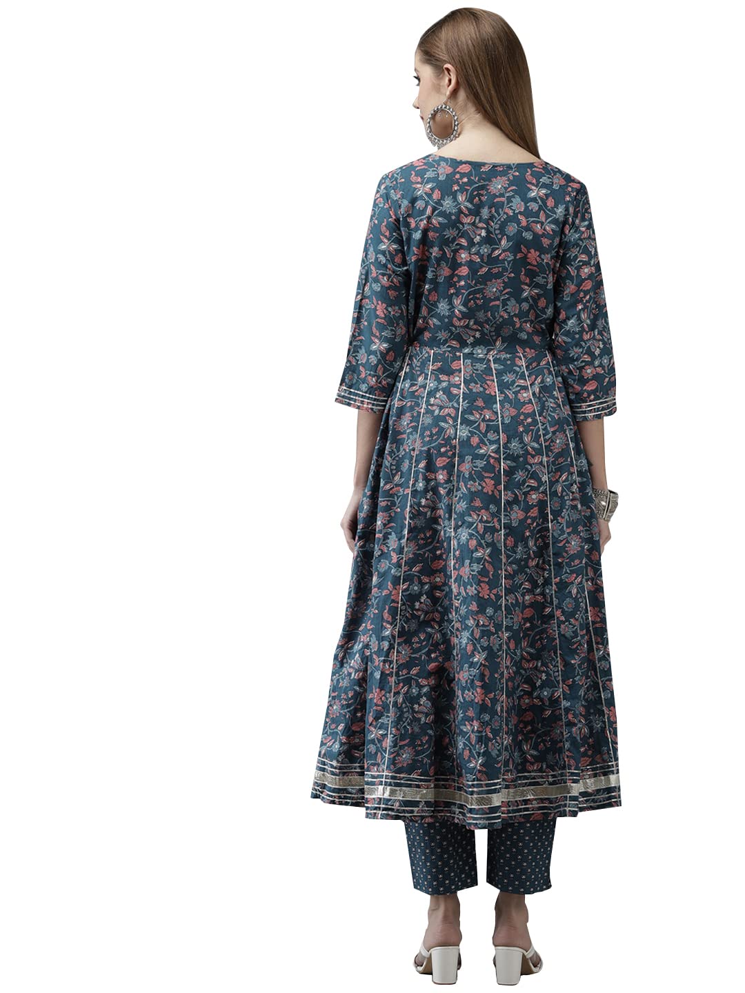 ishin Women's Cotton Blend Anarkali Embroidered Zari Floral print Teal Kurta suit set with Trouser