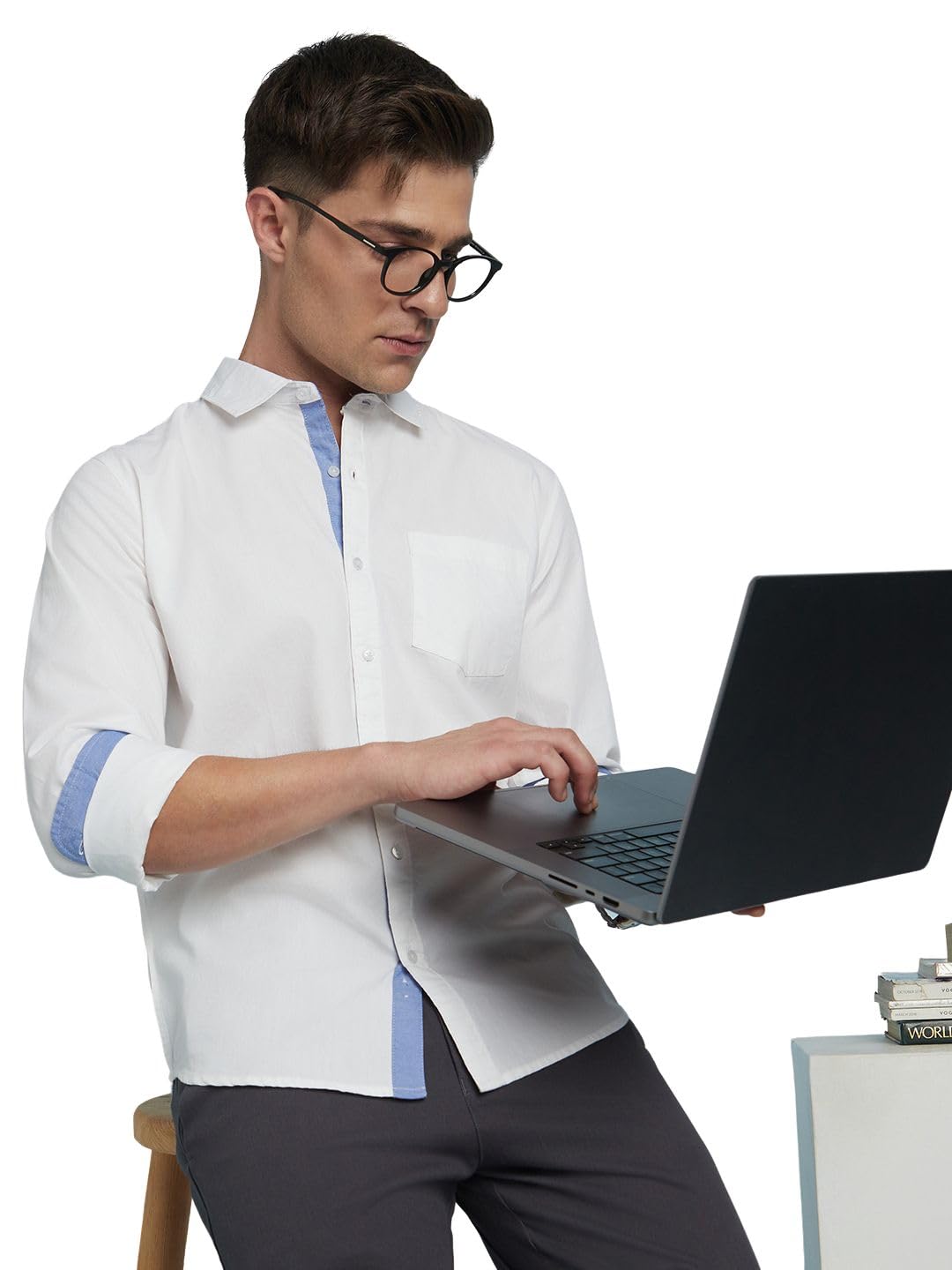 Dennis Lingo Men Solid Spread Collar Full Sleeves Regular Fit Casual Shirt Paper White