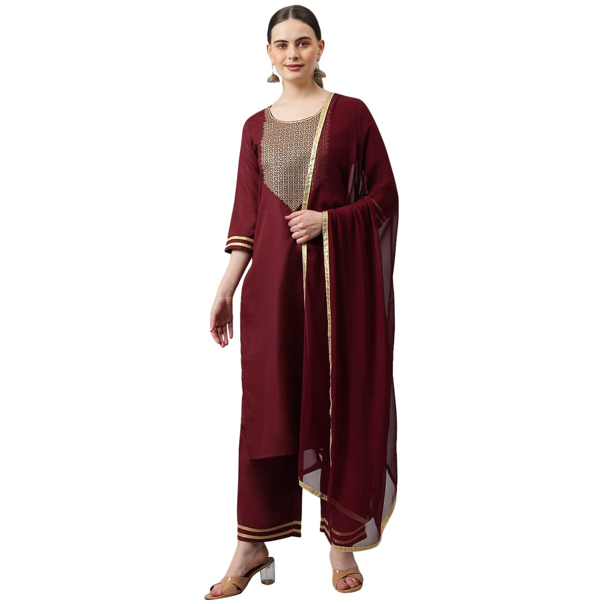 ANNI DESIGNER Womens Cotton Blend Straight Solid Kurta with Palazzo & Dupatta (Label-Nw)