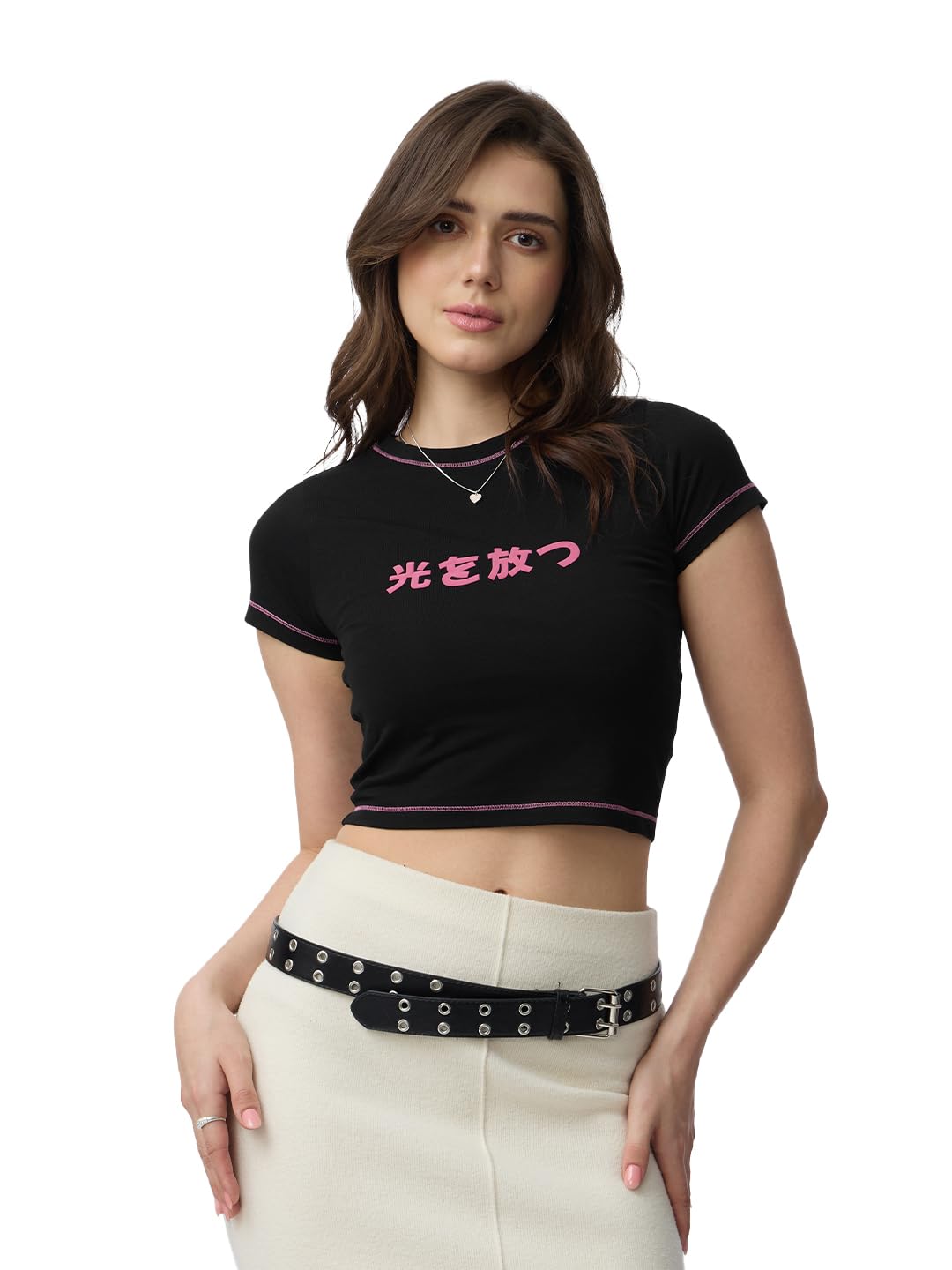 The Souled Store Crop Top: Hikari Women and Girls Short Sleeves Round Neck Black Printed Cotton Blend Slim Fit Cropped Tops