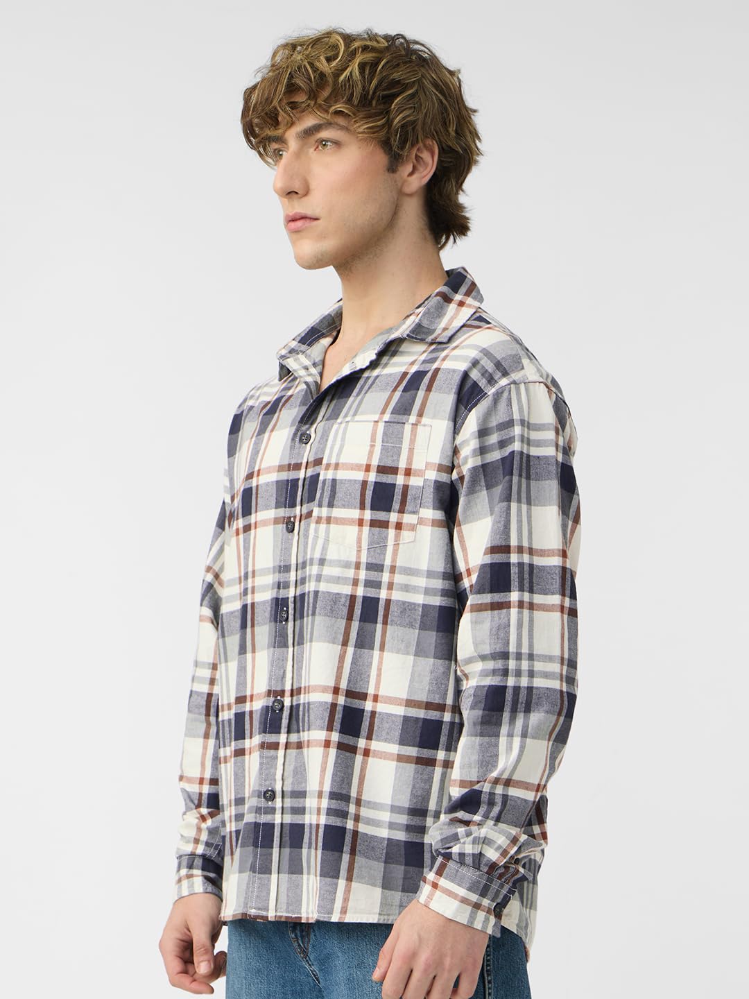 The Souled Store Plaid: Blue, White, Red Men and Boys Long Sleeves Collared Neck Button Front Cotton Relaxed Shirts