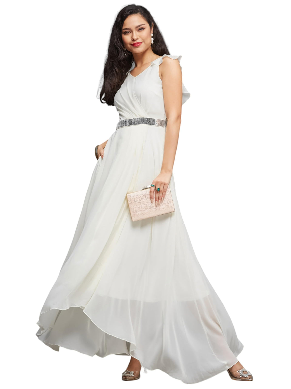Miss Chase WomenS V-Neck Ruffled Sleeve Solid Embellished Maxi Dress With Pockets (Mcaw21D06-17-114-03, Off-White, S)