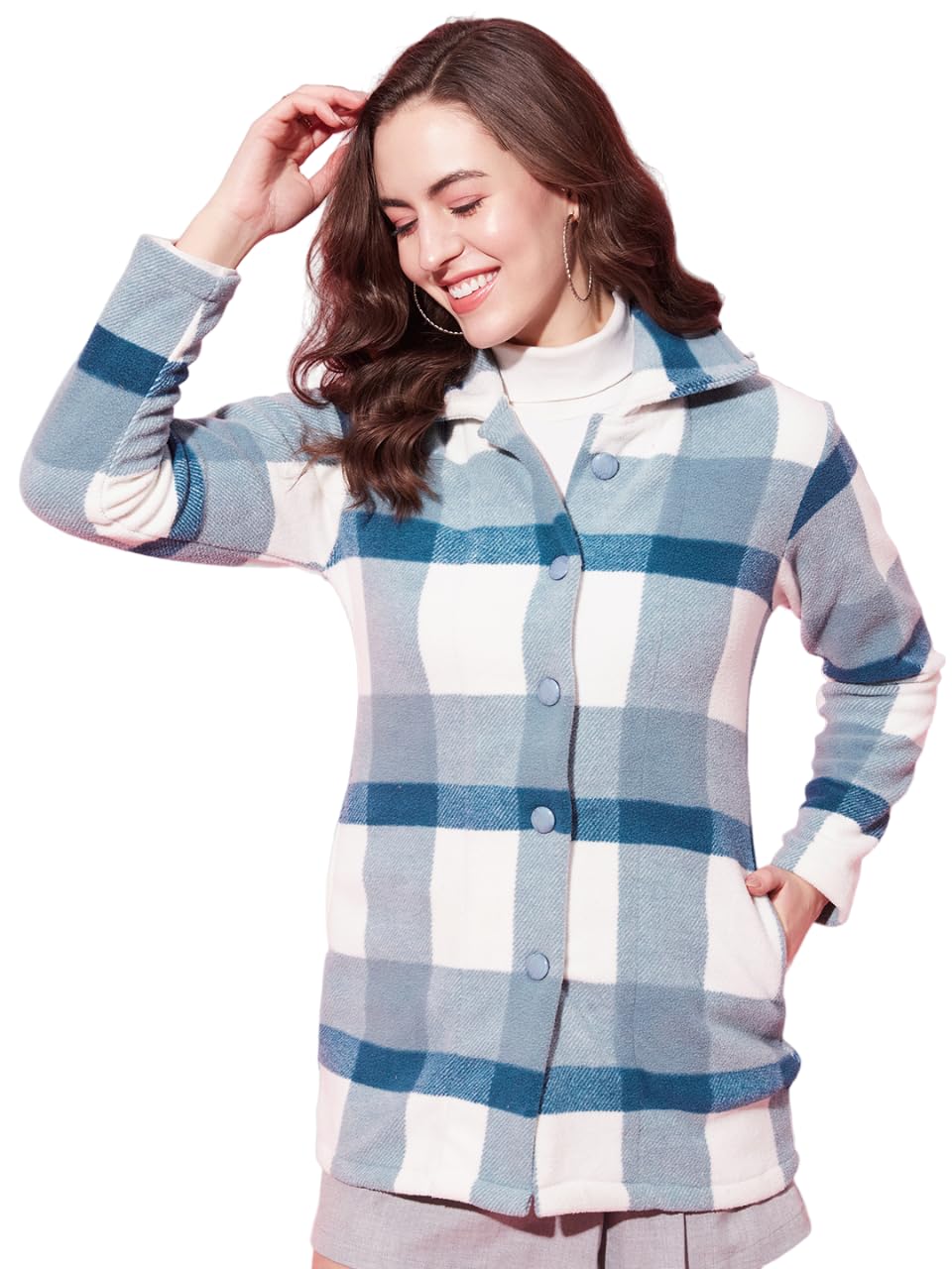 Modeve Women Checked Full Sleeve Teal Jacket For Winter