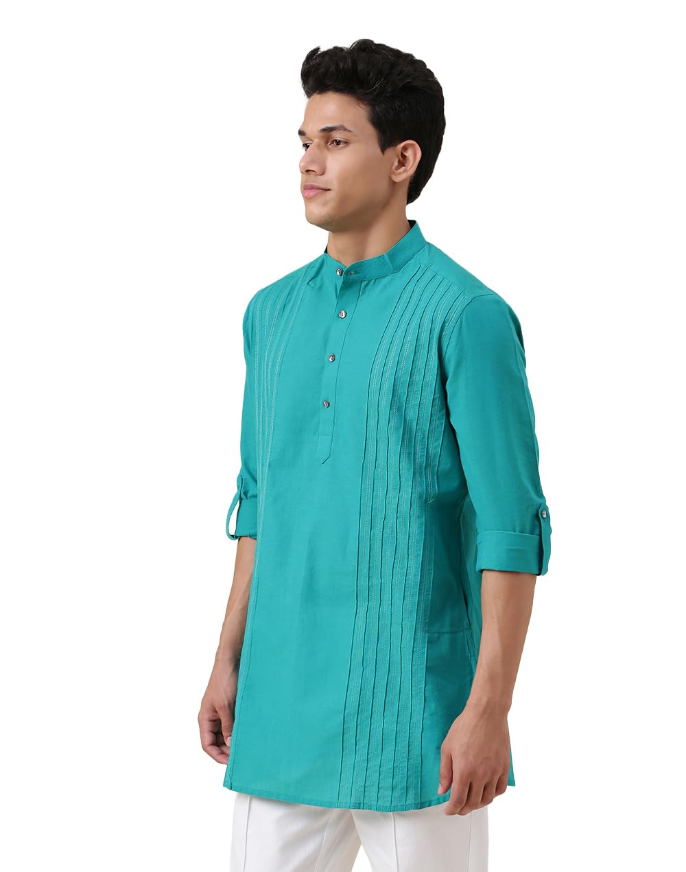 Fabindia MenS Teal Cotton Pintucks Slim Fit Short Kurta