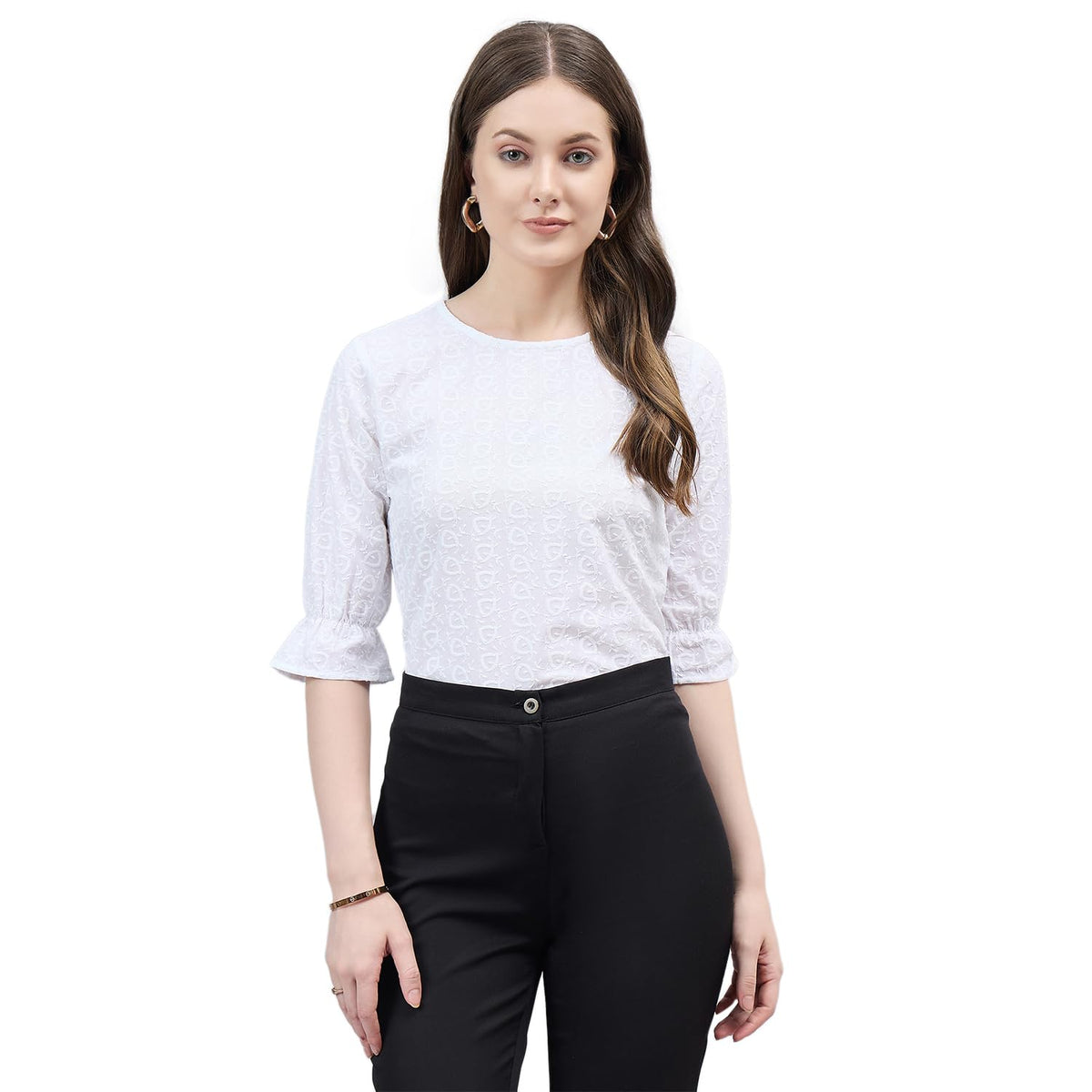 Style Quotient Women Self Design Schiffli White Polycotton Regular Fit Semi Formal Top