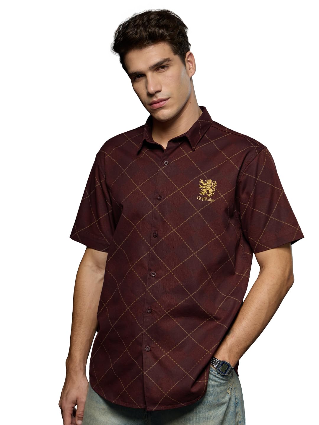 The Souled Store Harry Potter: Gryffindor Argyle Collared Neck Button Front Red Embroidered Regular Fit Cotton Half Sleeve Shirt