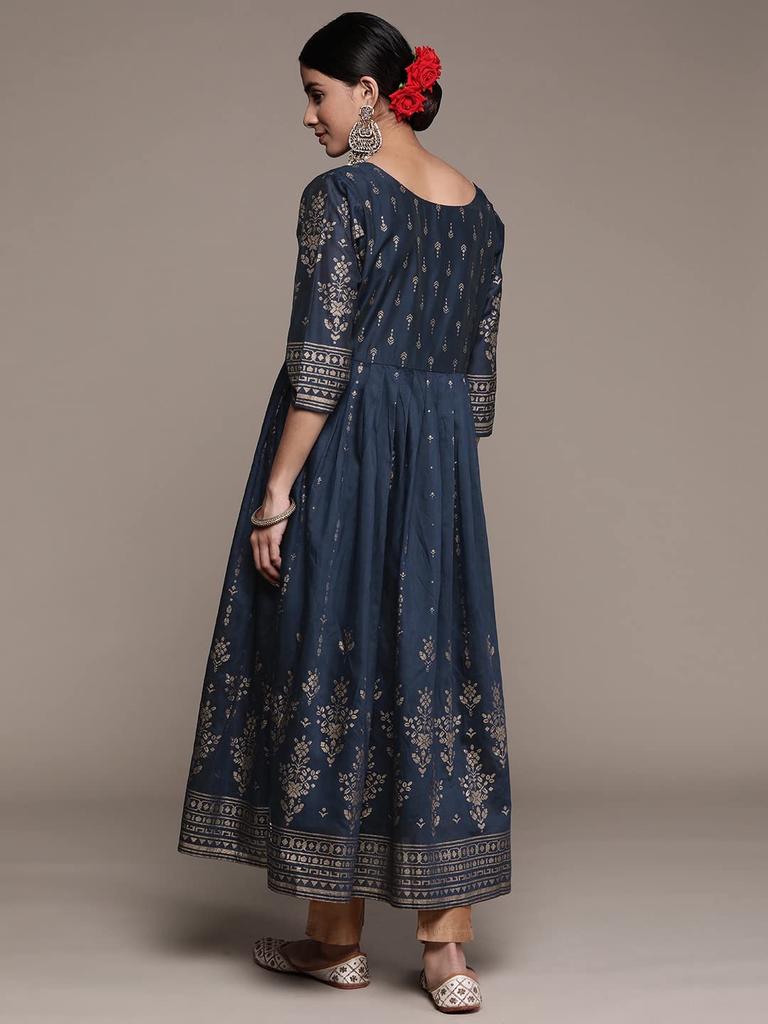 ishin Women's Silk Blend Teal Printed Anarkali Kurta