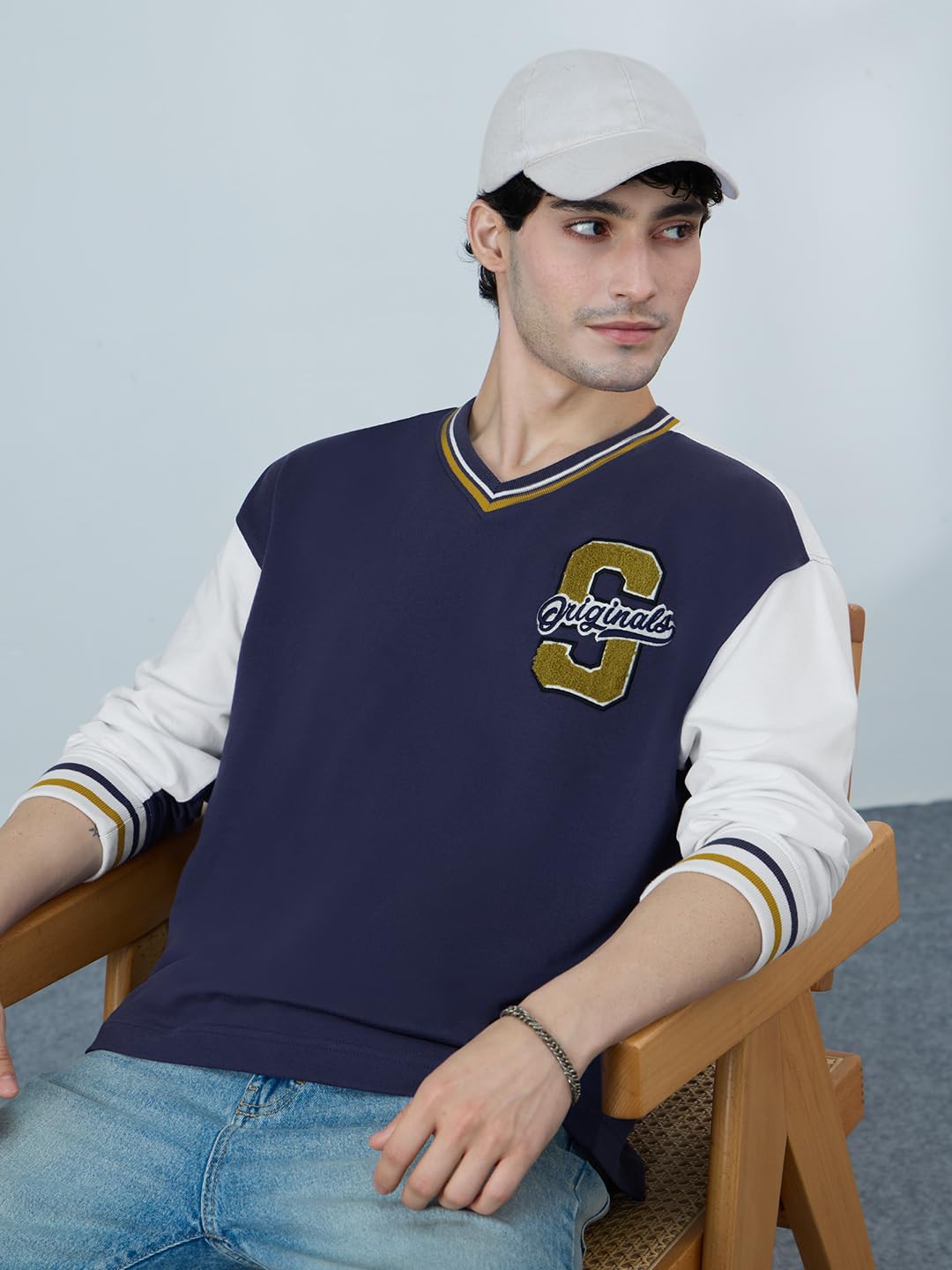 The Souled Store Varsity Style: Blue League Men and Boys Full Sleeves Round Neck Navy Blue and Off White Embroidered Cotton Over