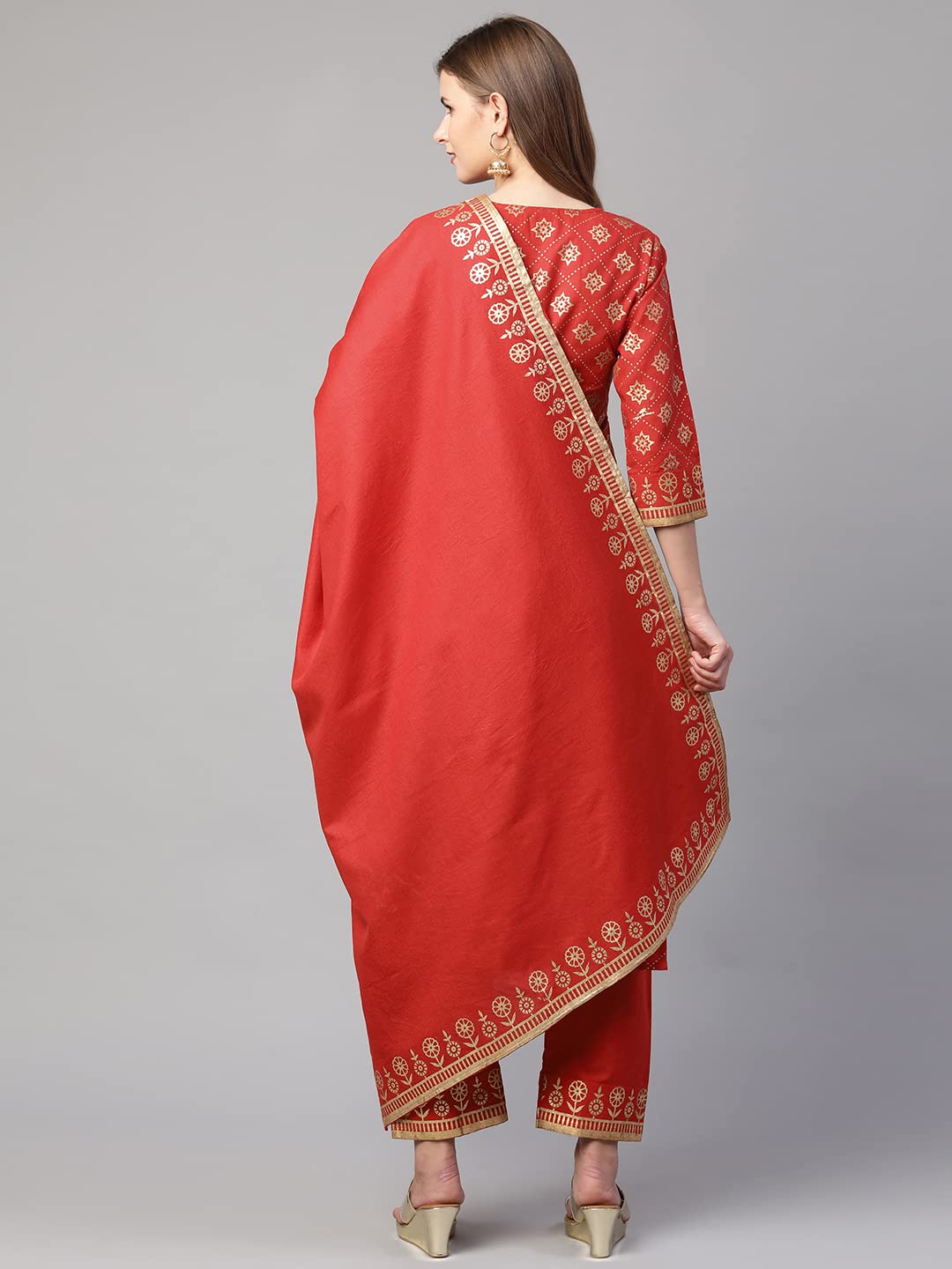 ANNI DESIGNER Women's Cotton Straight Kurta with Pant & Dupatta (KPTD-COT-10061-RED)