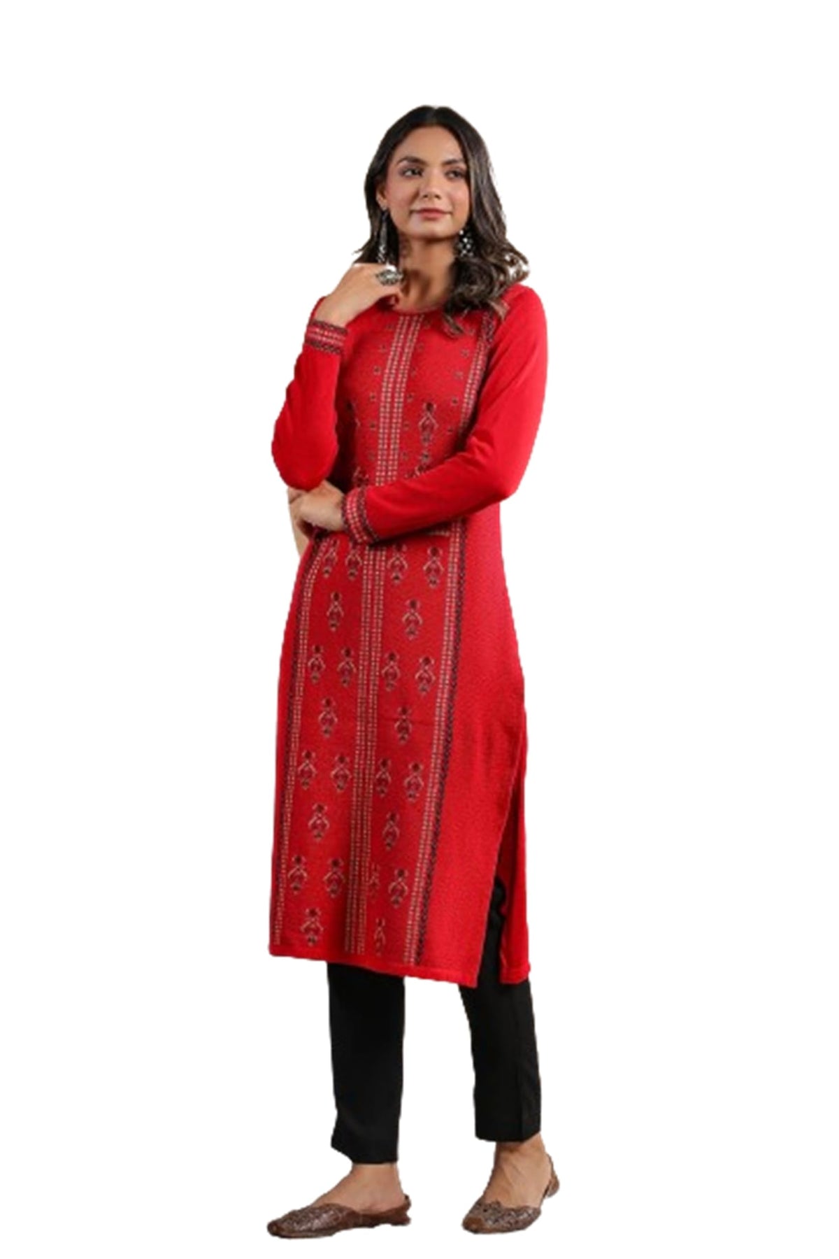 ishin Womens Red Jacquard Style Ethnic Motifs Straight Winterwear Kurta