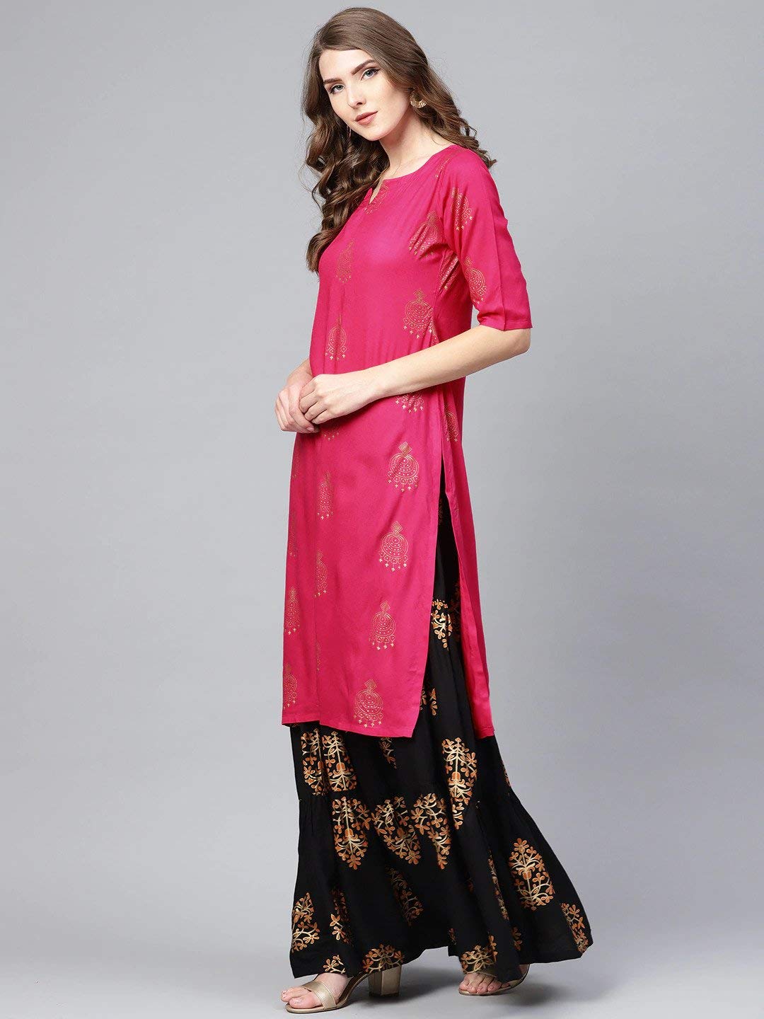 GoSriKi Women Rayon Printed Straight Kurta with Skirt(VERTIKA Pink)