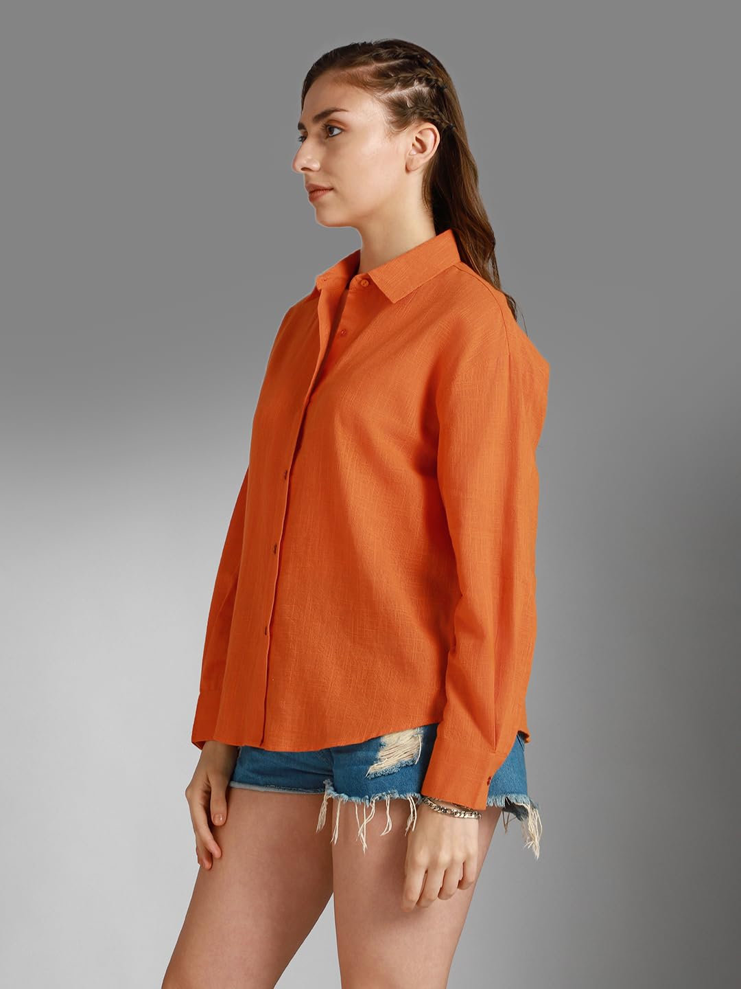 High Star WomenS Cotton Oversized Fit Shirt (Hswshw23003Fk_Or_Orange