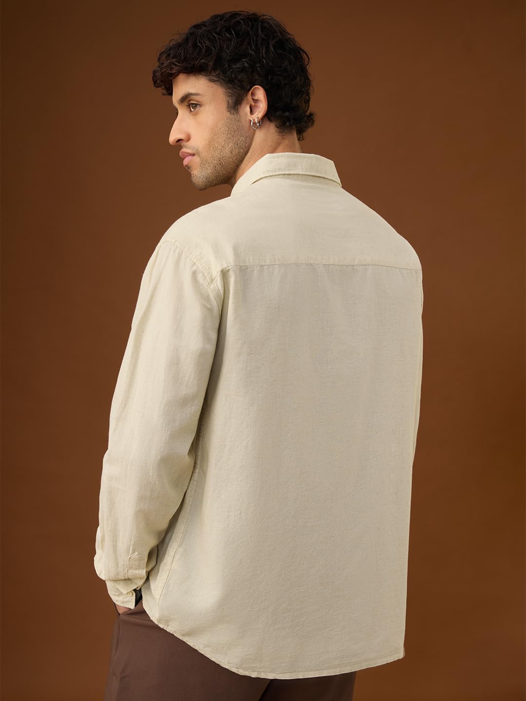 The Souled Store Cotton-Linen: Safar Men and Boys Long Sleeve Spread Collar Button Front Beige Embroidered Regular Fit Cotton Li
