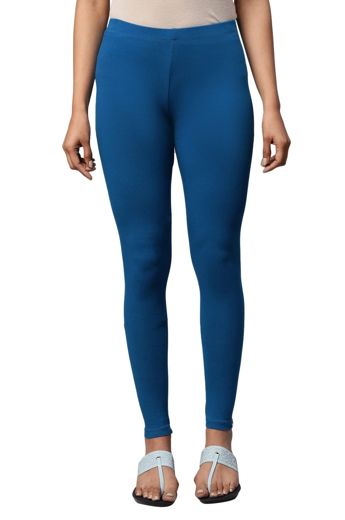 Aurelia Blue Solid Cotton Blend Leggings Ethnic Bottomwear