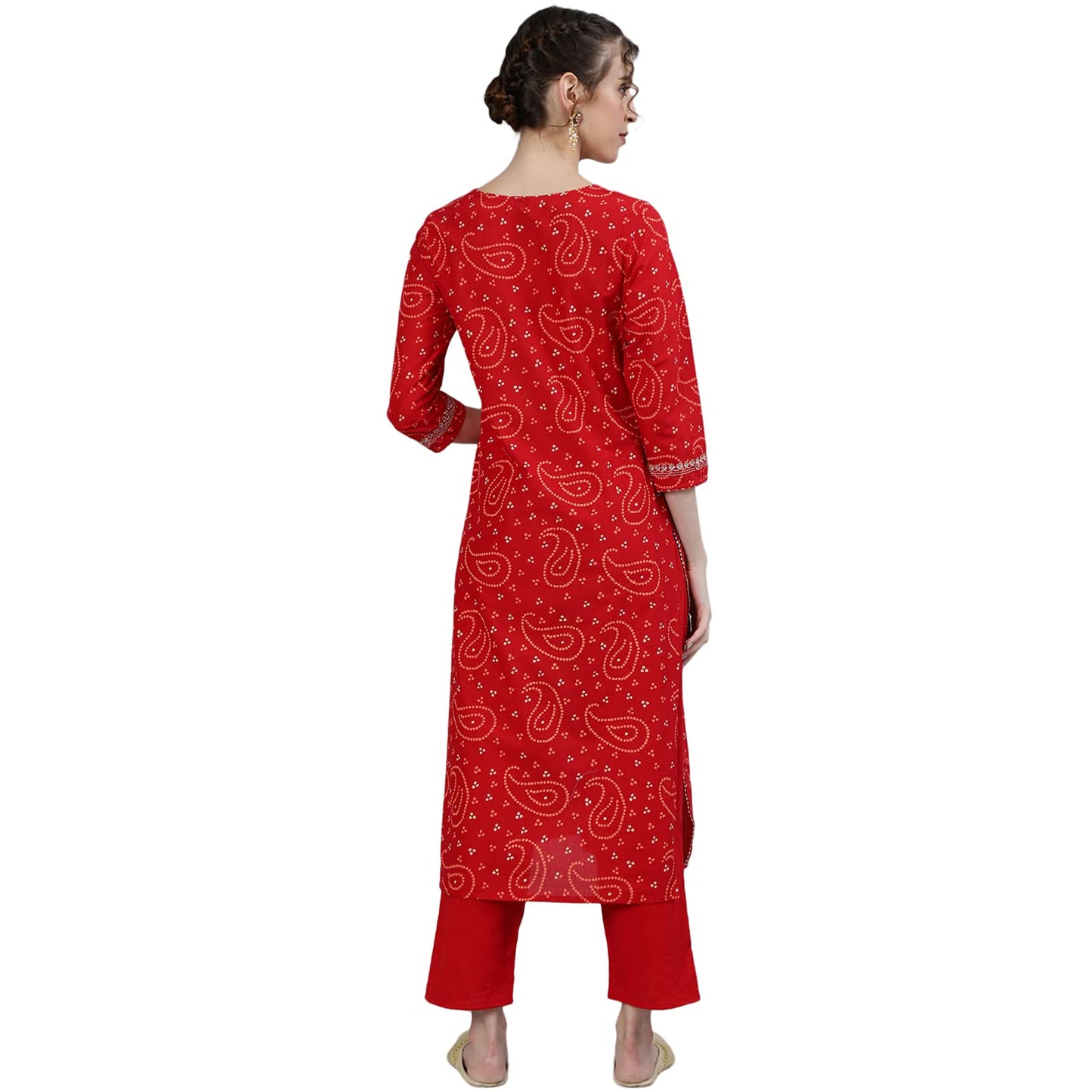 ishin Women's Pure Cotton Straight Embroidered Zari Bandhani print Red Kurta suit set with Trouser