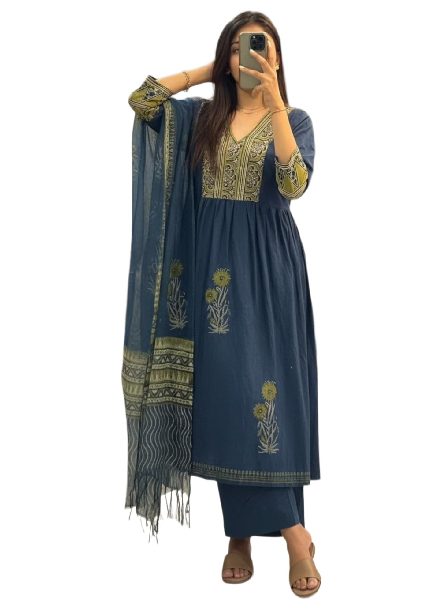 Anni Designer WomenS Viscose Blend Printed Gathered Kurta With Palazzo Dupatta (Induja Blue-Vks01_S_Blue_Small)