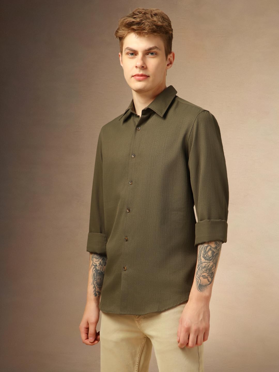 Dennis Lingo Solid Full Sleeves Spread Collar Polyester Regular Fit Men Casual-Shirt Olive