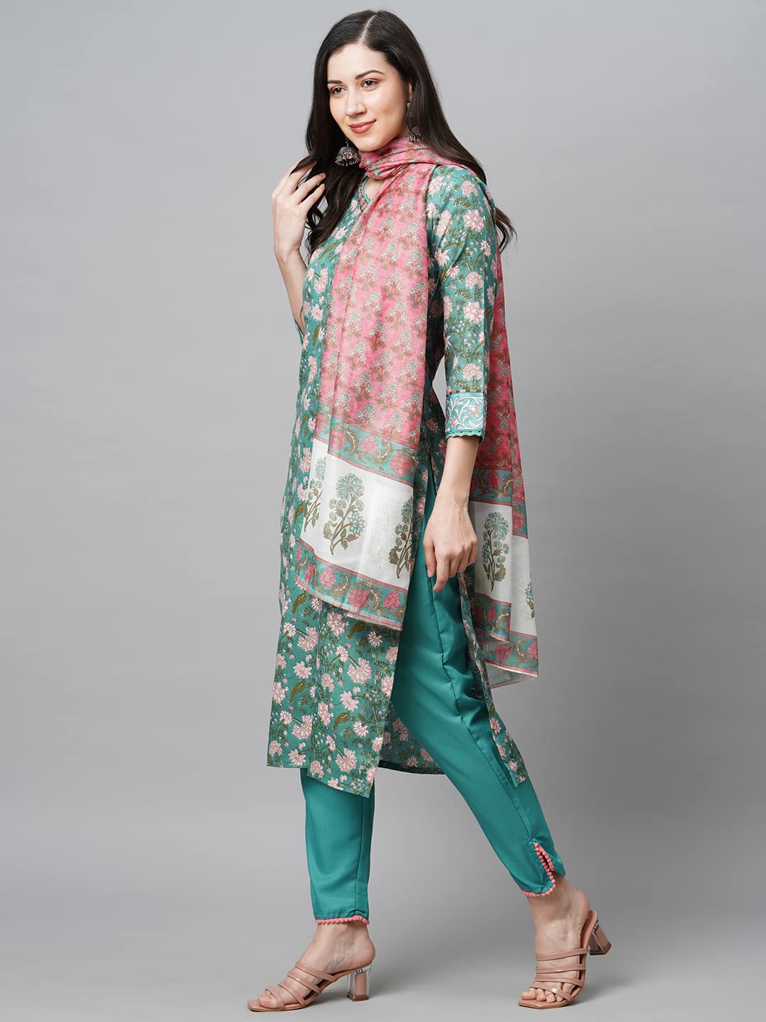 GoSriKi Women's Cotton Blend Straight Printed Kurta with Pant & Dupatta (Kido-See-GS)