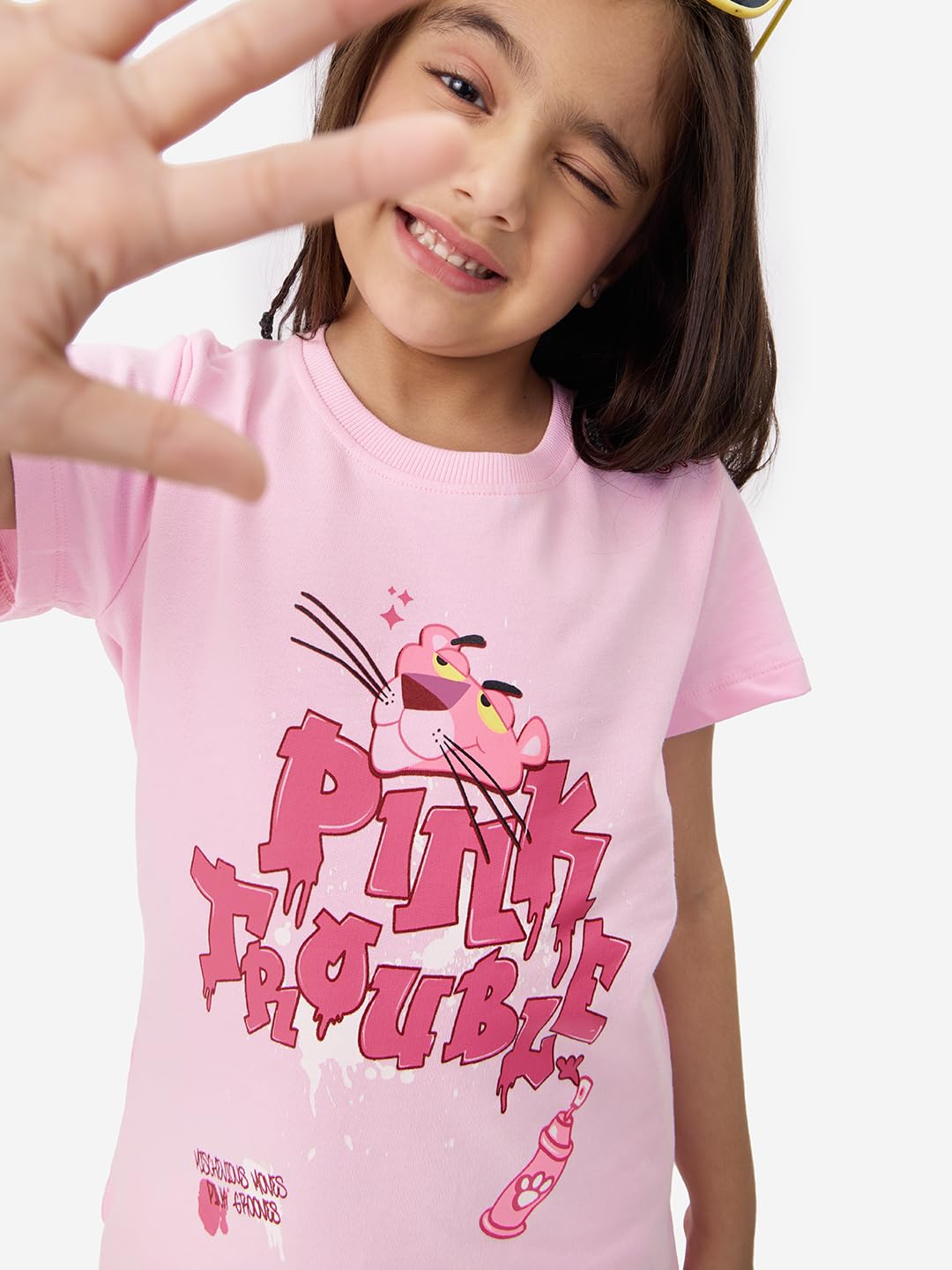 The Souled Store Official Pink Panther: Pink Trouble Girls Pink Graphic Printed Regular Fit Cotton T-Shirts