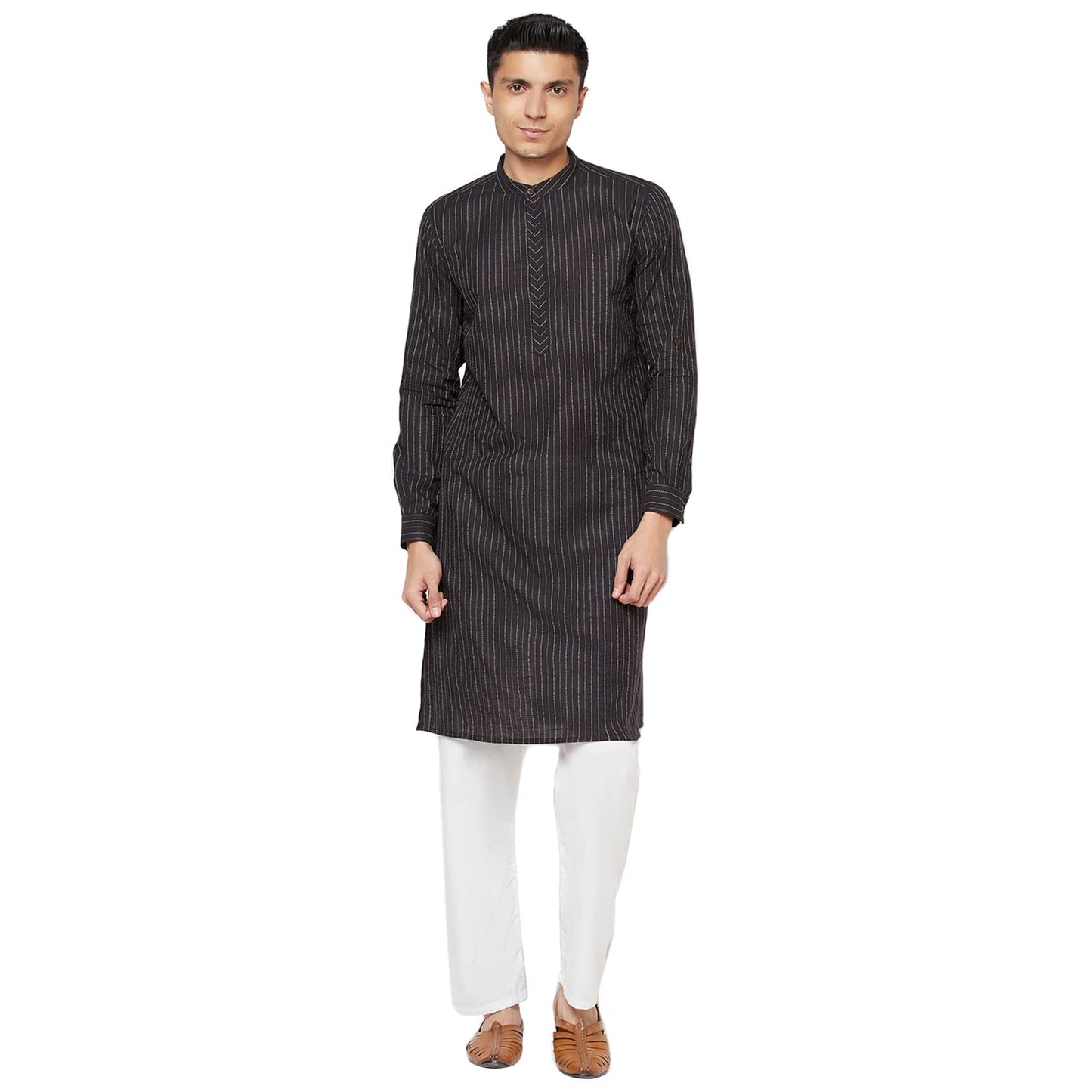 Fabindia MenS Cotton Geometric Slim Kurta_Black_Xs
