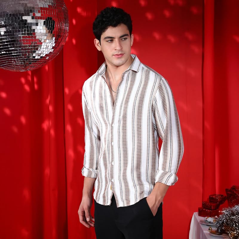 Campus Sutra Mens Cream White & Chestnut Brown Indie-Striped Shirt for Casual Wear | Spread Collar | Long Cuffed Sleeves | Butt