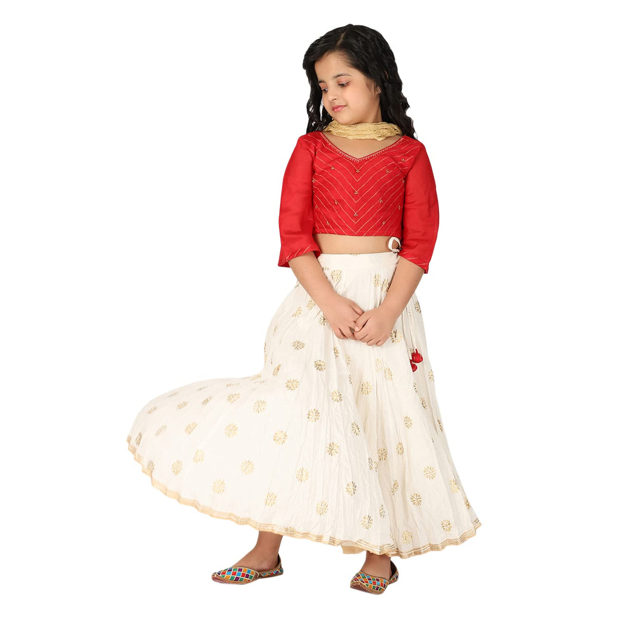 Fabindia GirlS Cotton Silk Blend Lehanga Choli_Red_3-4 Year