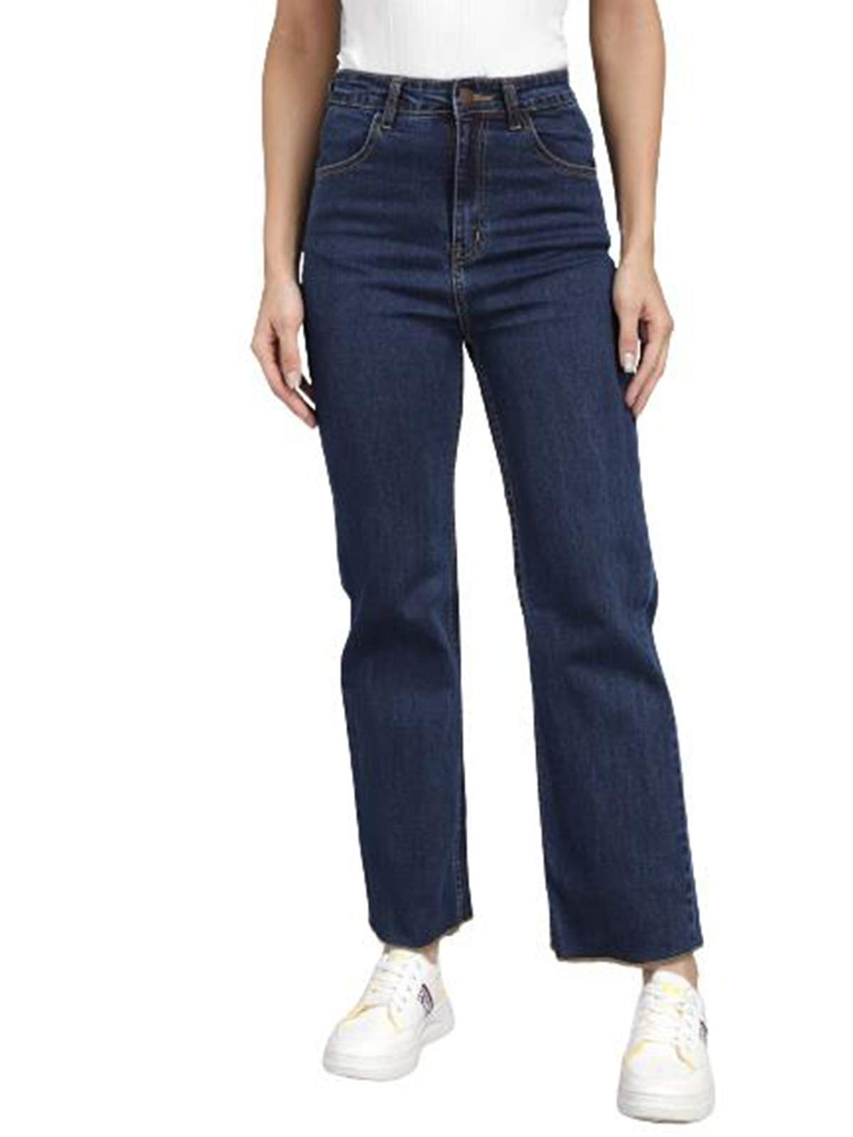 Kotty WomenS High Rise Flared Fit Cotton Lycra Jeans Dark Blue