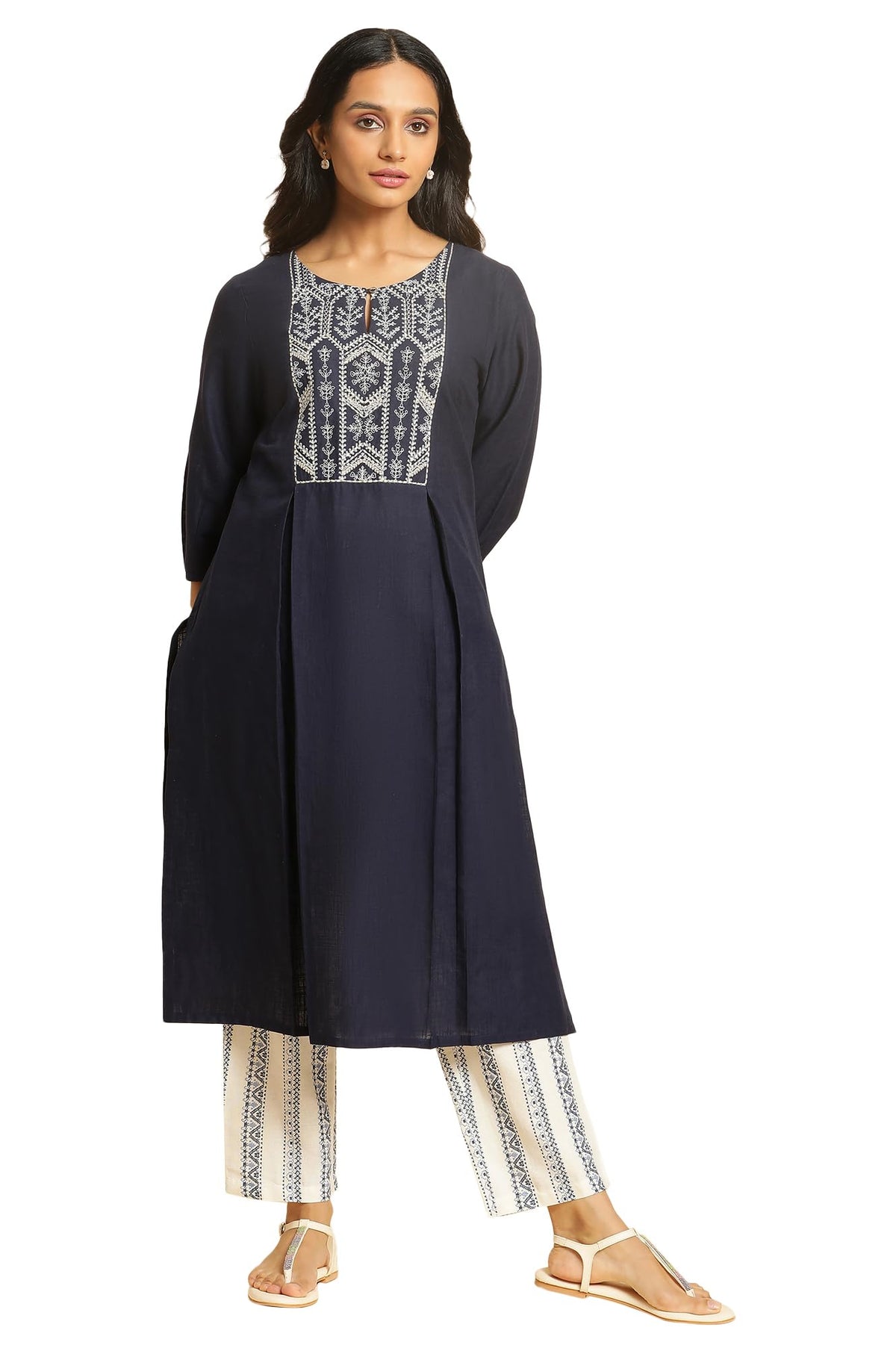 W Blue Embroidered Cotton Straight Long Dori Kurta For Women