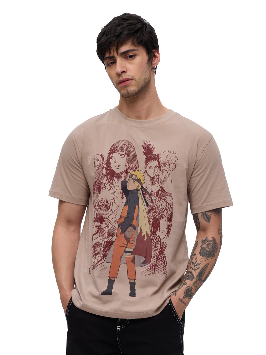 The Souled Store Naruto Shippuden: Uzumaki Men and Boys Short Sleeves Round Neck Beige Graphic Printed Regular Fit Cotton T-Shir