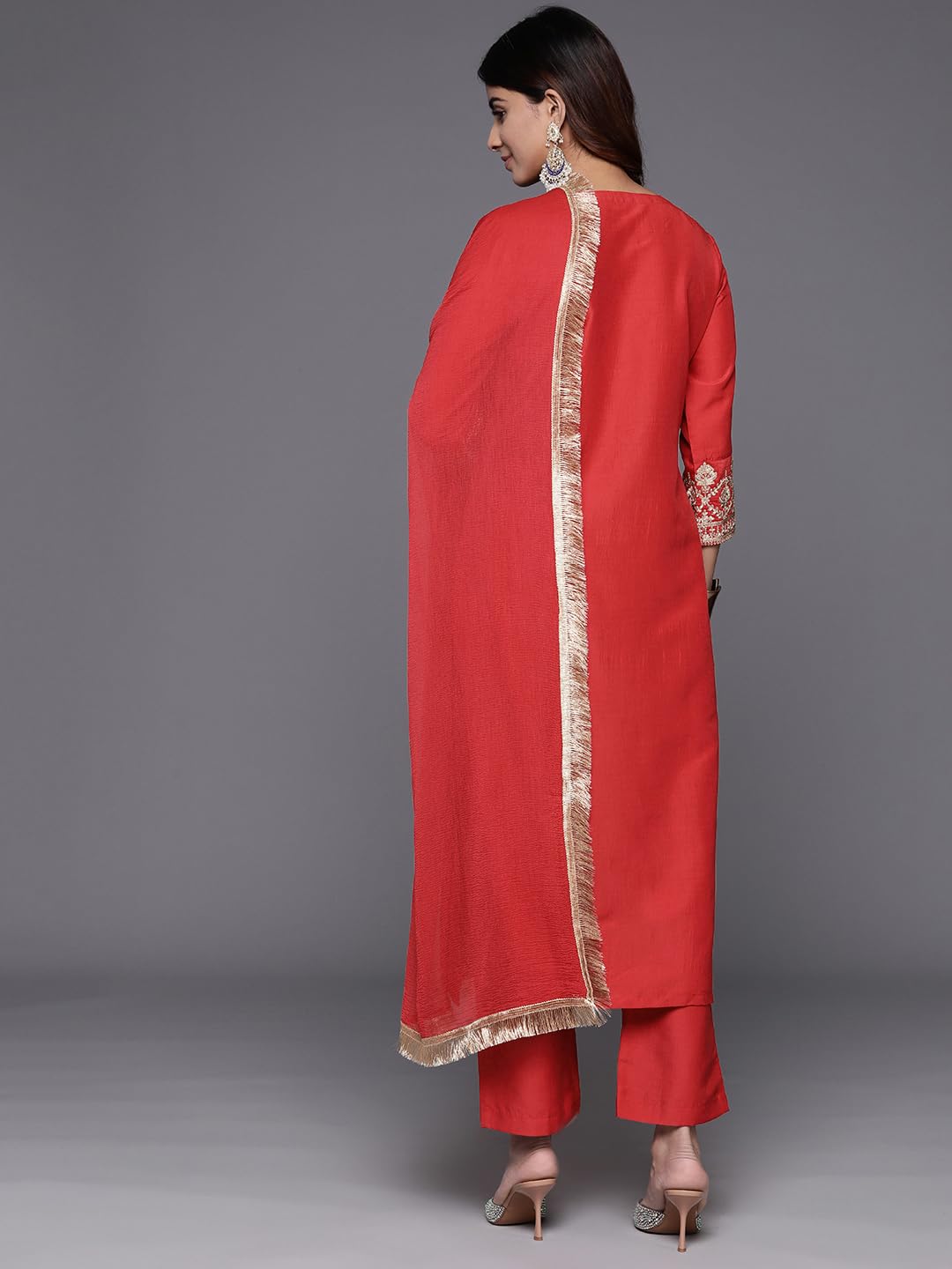 Varanga Women Red Zari Embroidered Kurta with Bottom and Dupatta